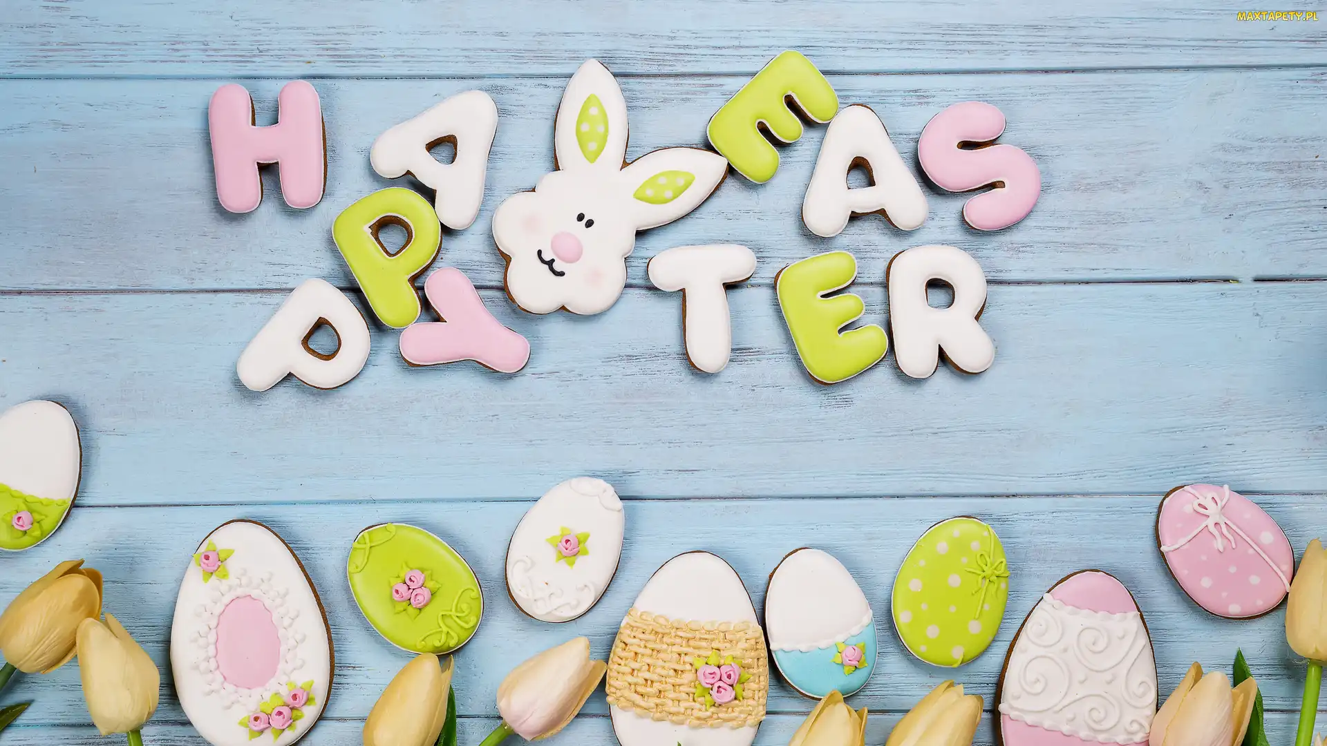 Happy Easter, Napis, Pisanki, Wielkanoc, Tulipany, Ciasteczka, Zajączek