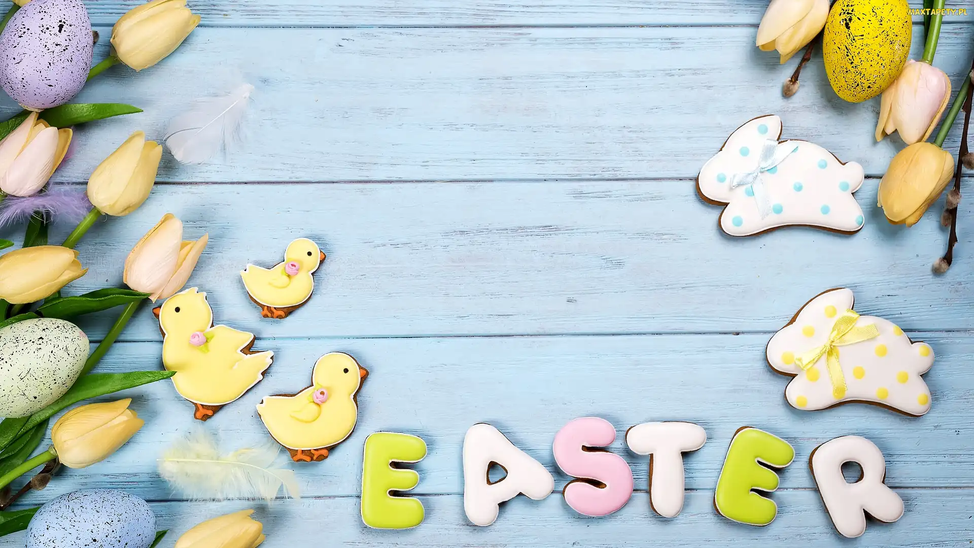 Pisanki, Zajączki, Tulipany, Kurczaki, Easter, Ciastka, Wielkanoc, Napis
