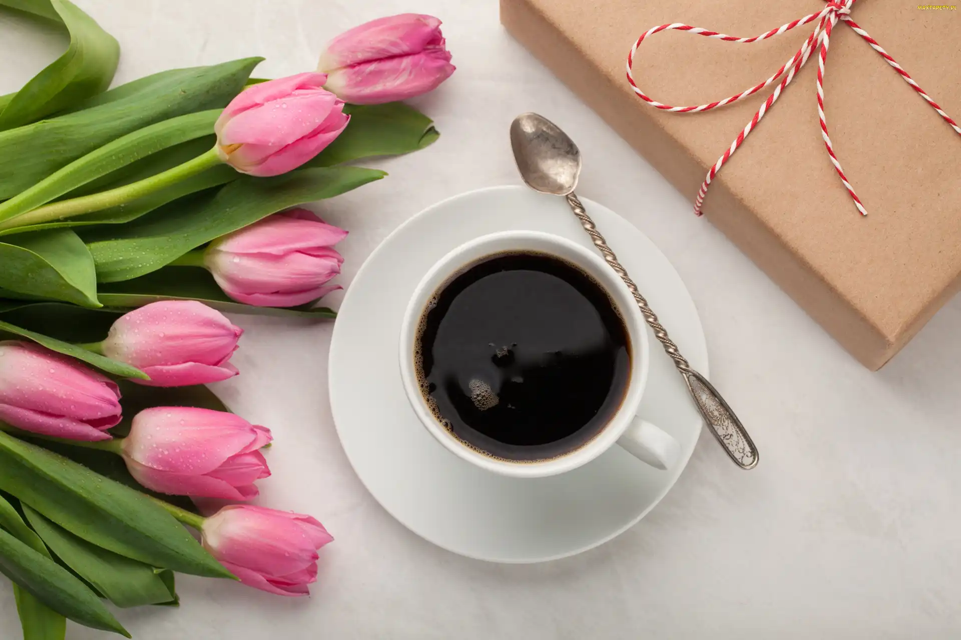 Prezent, Tulipany, Kawa, Różowe