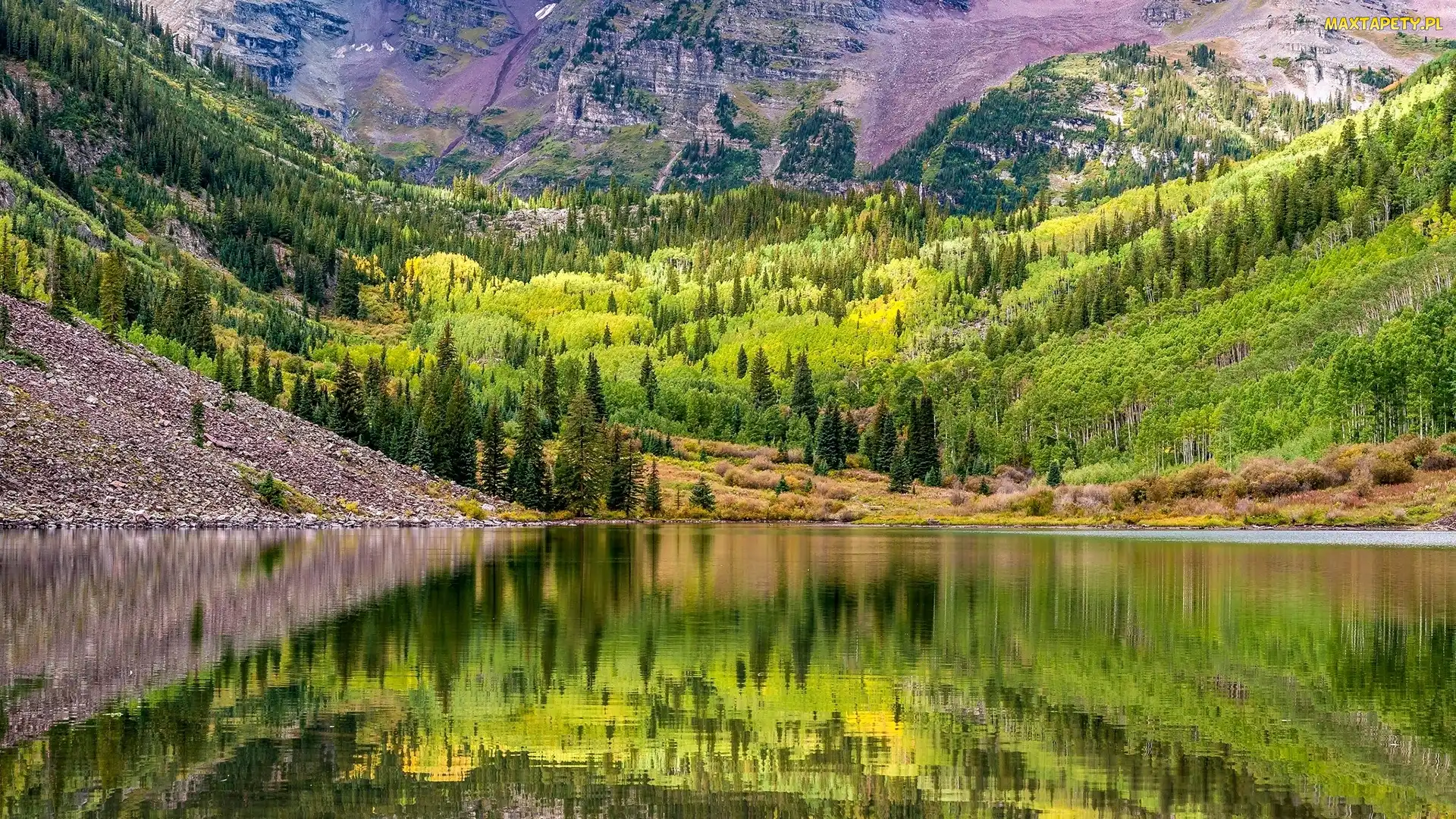 Zbocza, Jezioro Maroon Lake, Stany Zjednoczone, Drzewa, Aspen, Kolorado, Góry