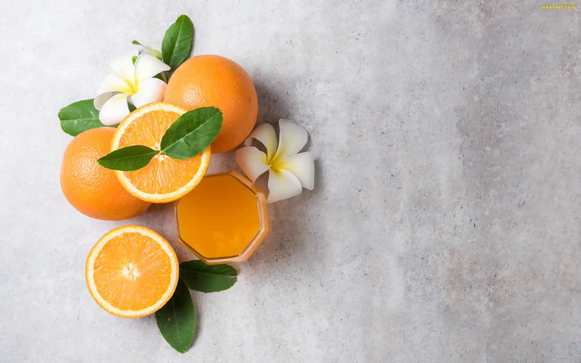 Pomarańcze, Plumeria, Listki, Kwiaty, Sok pomarańczowy