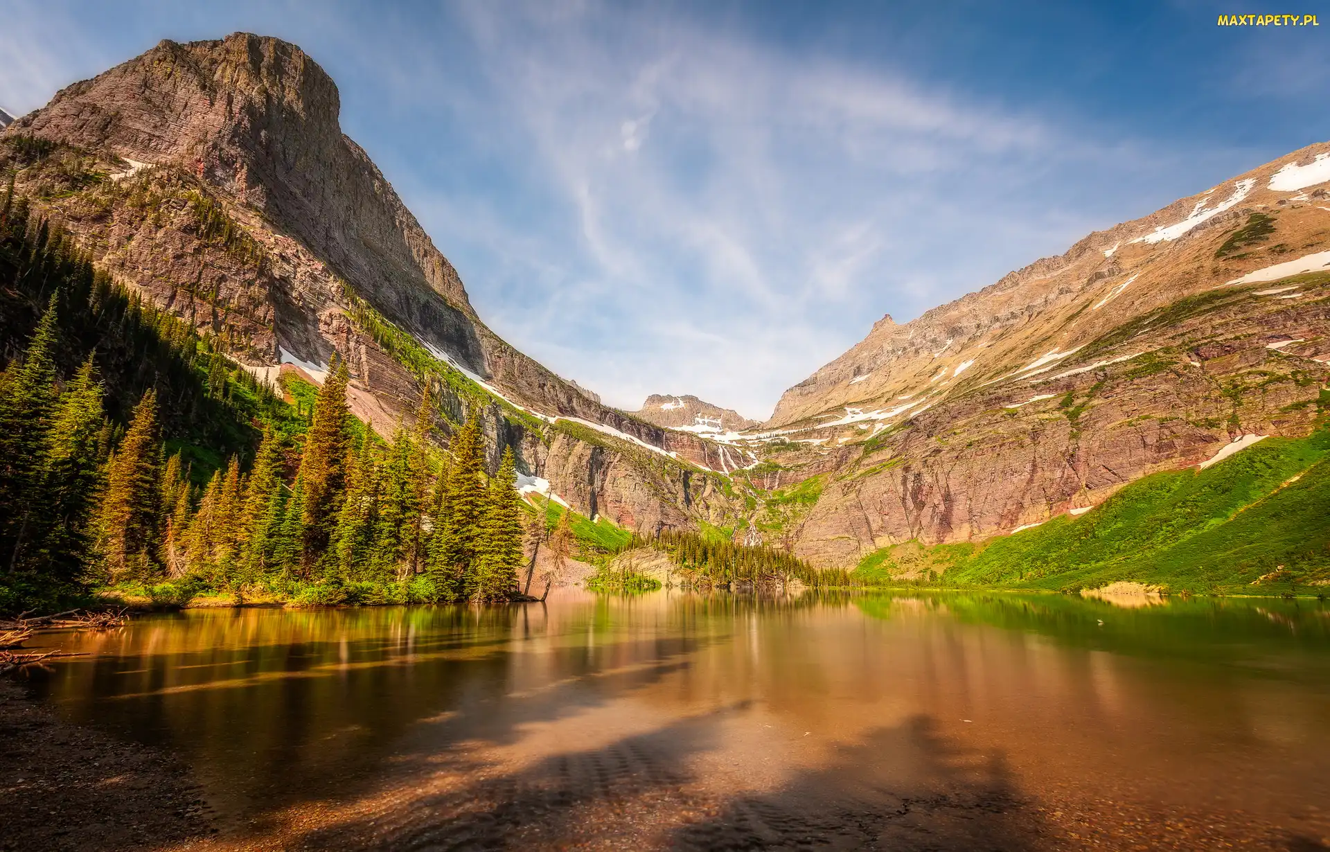 Jezioro Grinnell Lake, Niebo, Góry, Błękitne, Montana, Drzewa, Stany Zjednoczone, Park Narodowy Glacier