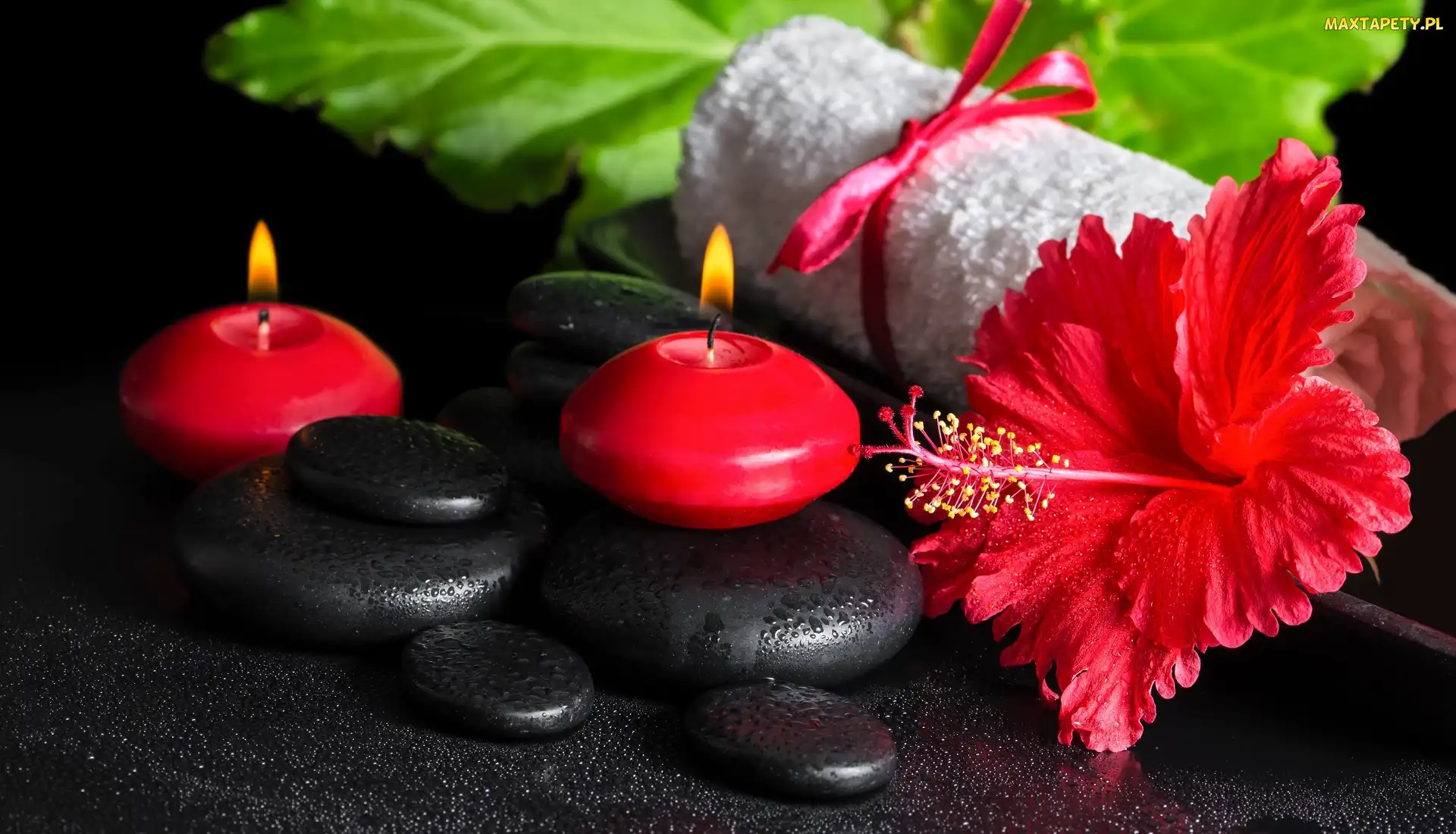 Relaks, Kwiat, SPA, Świece, Kamienie, Czerwone, Ręcznik, Hibiskus