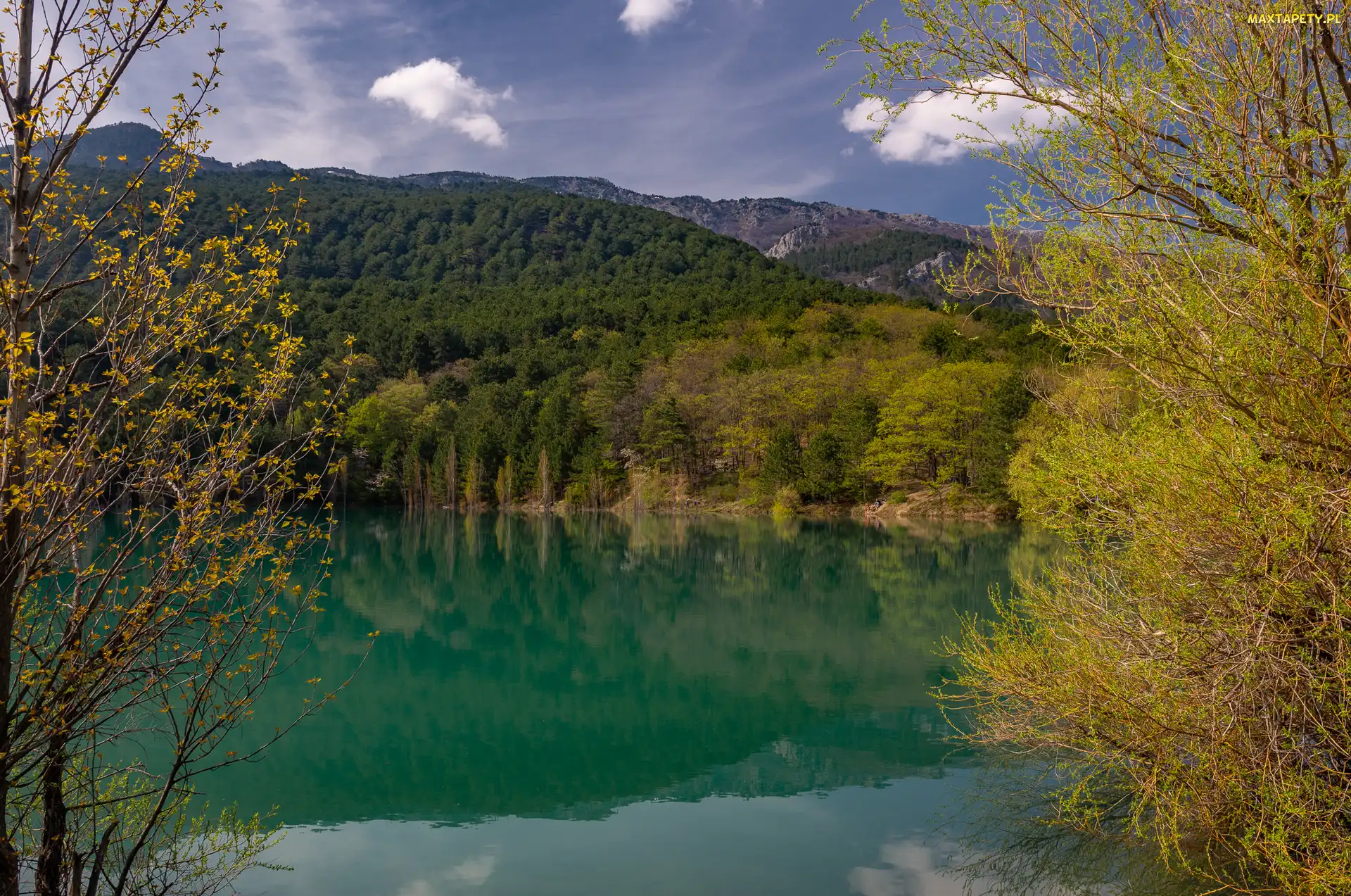 Góry, Niebo, Drzewa, Las, Jezioro