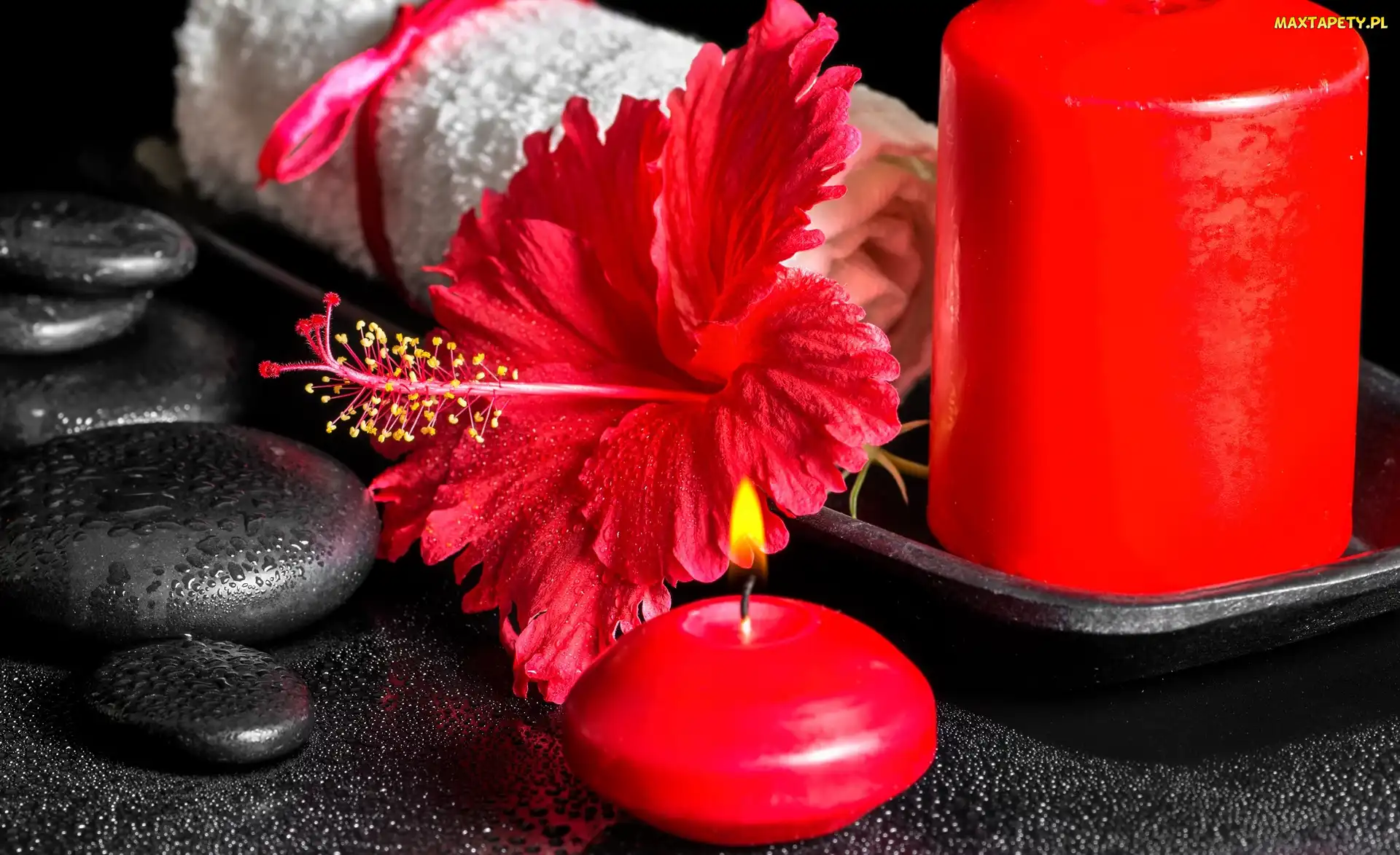 Ręcznik, SPA, Hibiskus, Świece, Czerwony, Kwiat, Kamienie