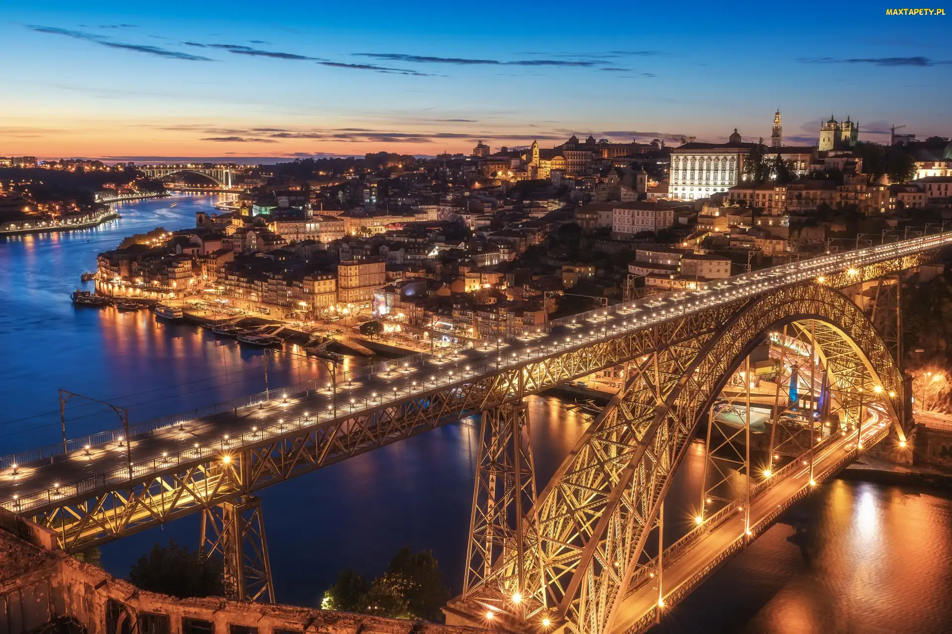 Portugalia, Porto, Most Ponte Luís I, Świt, Rzeka Duero, Domy