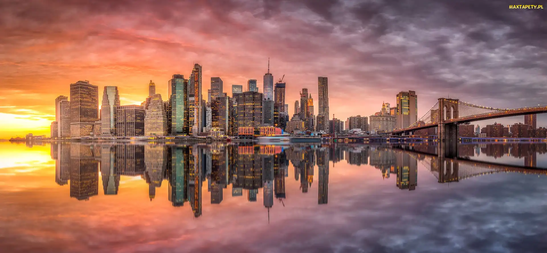 Nowy Jork, Nowy Jork, Rzeka, Stany Zjednoczone, Cieśnina East River, Brooklyn Bridge, Zachód słońca, Wieżowce, Most Brookliński