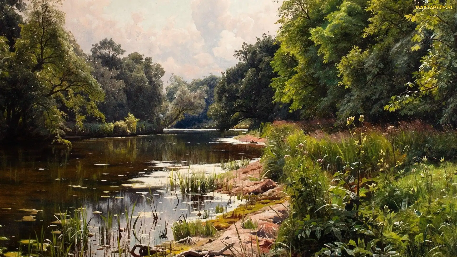 Malarstwo, Obraz, Roślinność, Pejzaż, Rzeka, Drzewa, Peder Mork Monsted