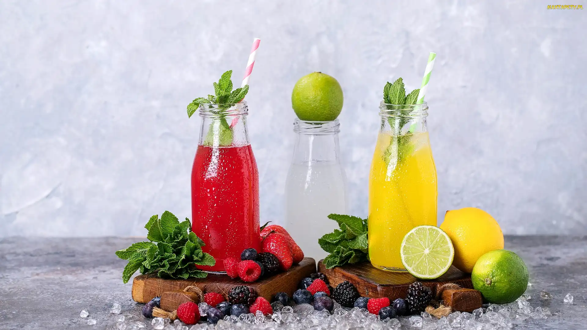 Lód, Deski, Mięta, Pokruszony, Maliny, Lemoniada, Limonki, Jeżyny, Butelki, Cytryna