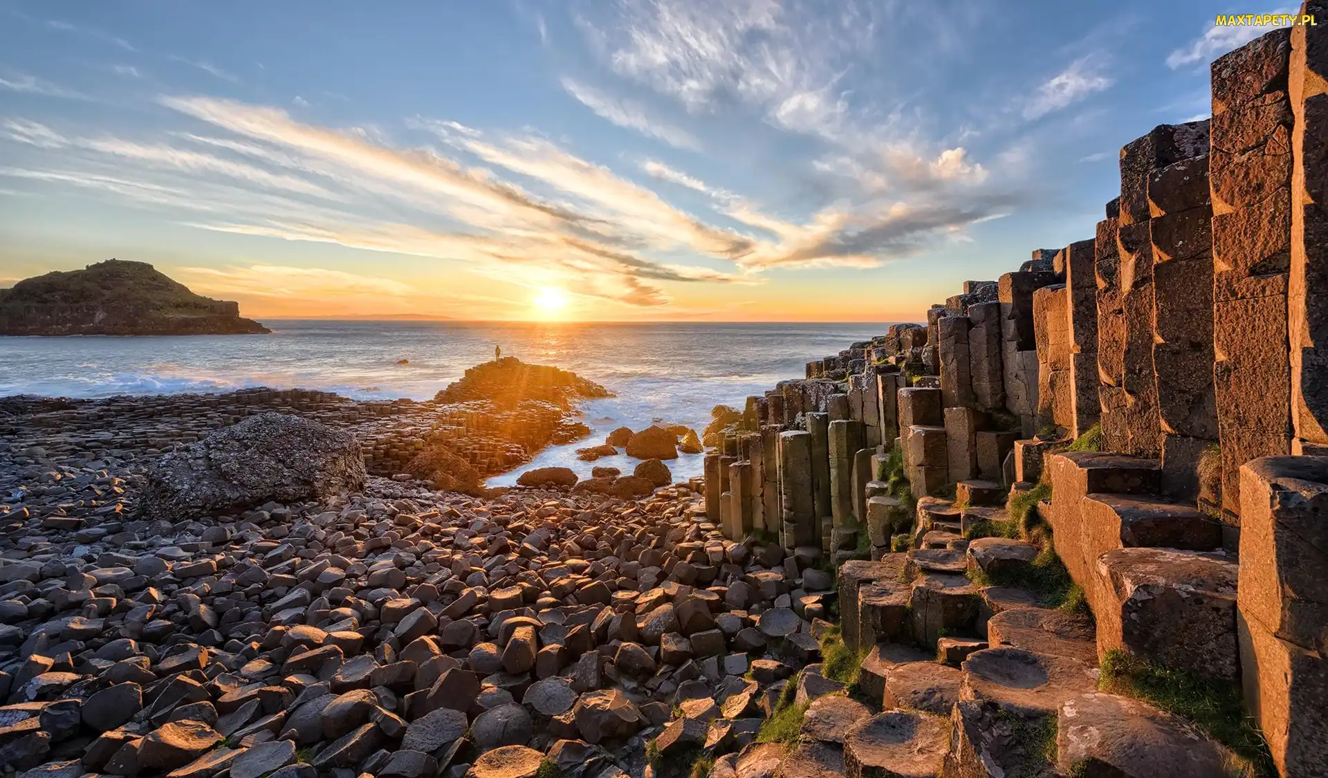 Skały, Kamienie, Morze, Grobla Olbrzyma, Antrim, Formacja Giants Causeway, Irlandia Północna, Wschód słońca
