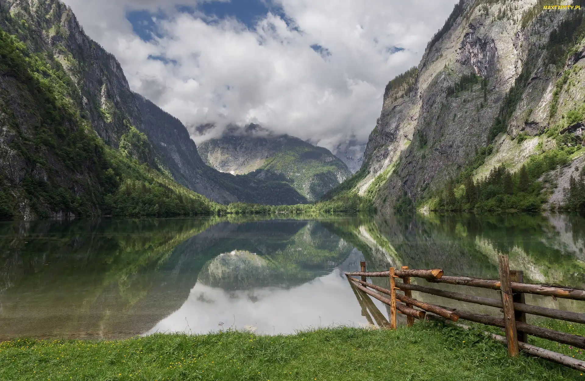 Bawaria, Park Narodowy Berchtesgaden, Góry Alpy, Niemcy, Płot, Jezioro Obersee, Drewniany