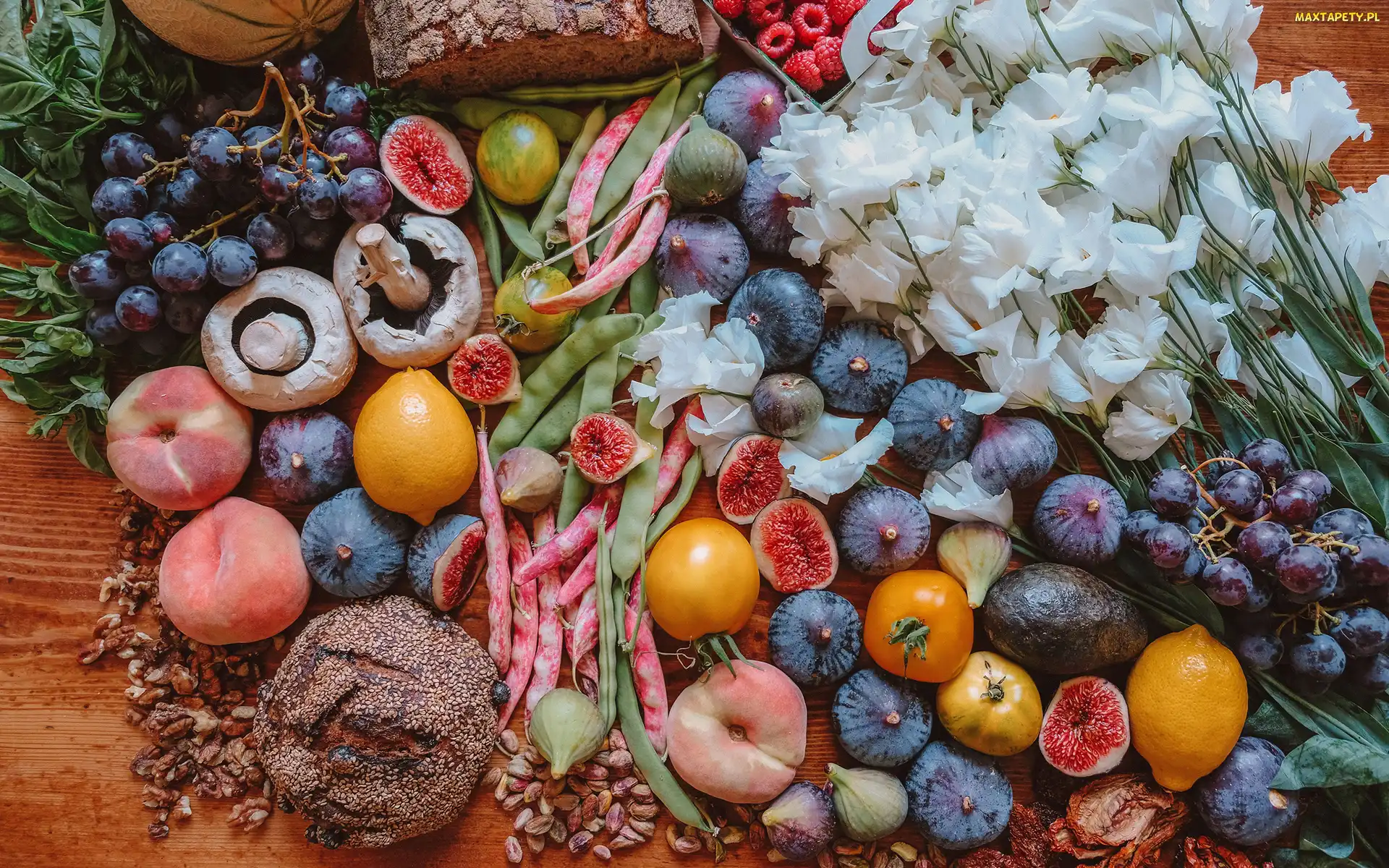Owoce, Kwiaty, Cebula, Białe, Warzywa, Brzoskwinie, Cytryny, Fasola, Winogrona, Grzyby, Chleb, Eustoma, Kiwi