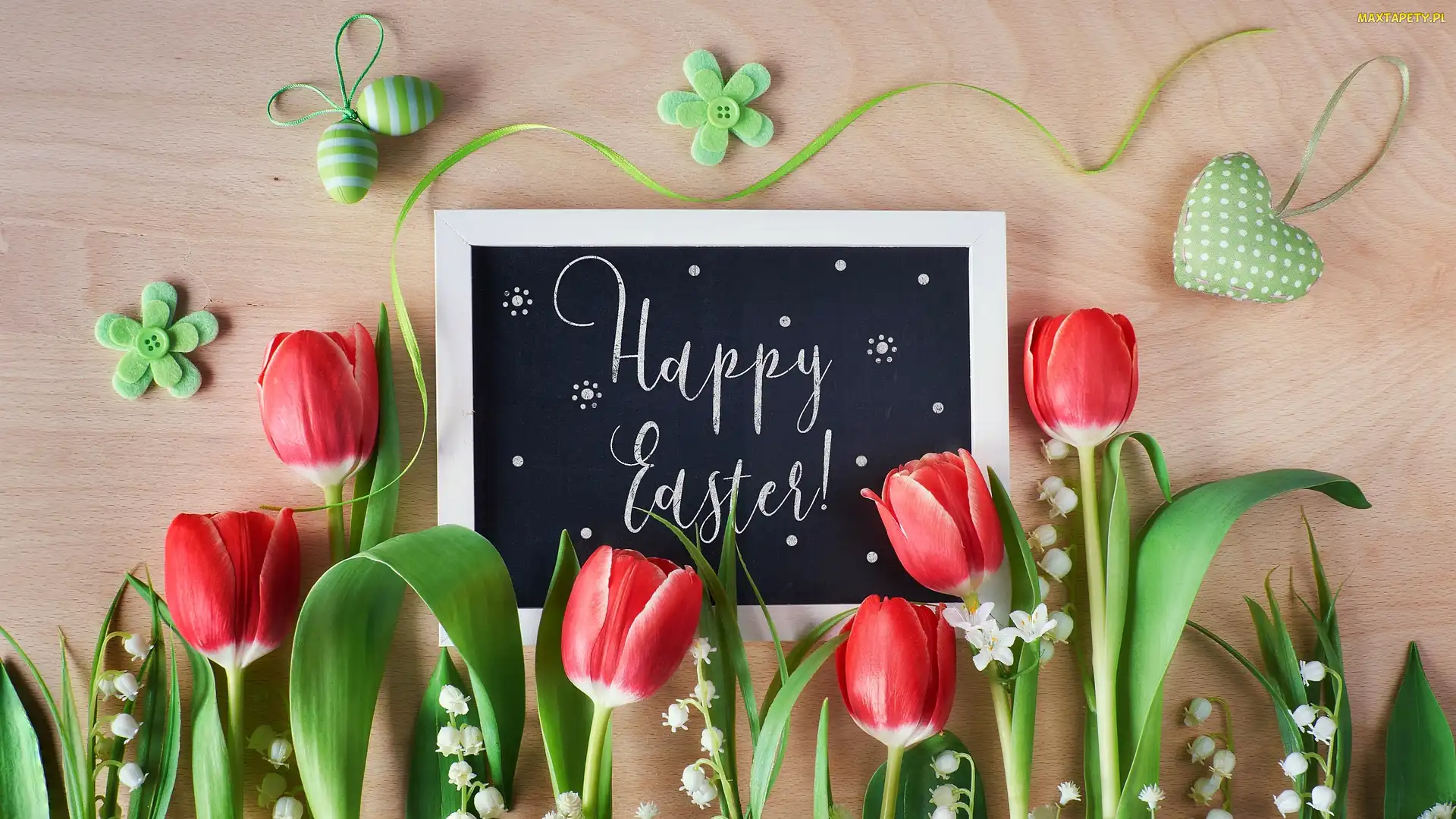 Wielkanoc, Serce, Happy Easter, Jajeczka, Zawieszka, Napis, Tulipany, Konwalie, Tablica