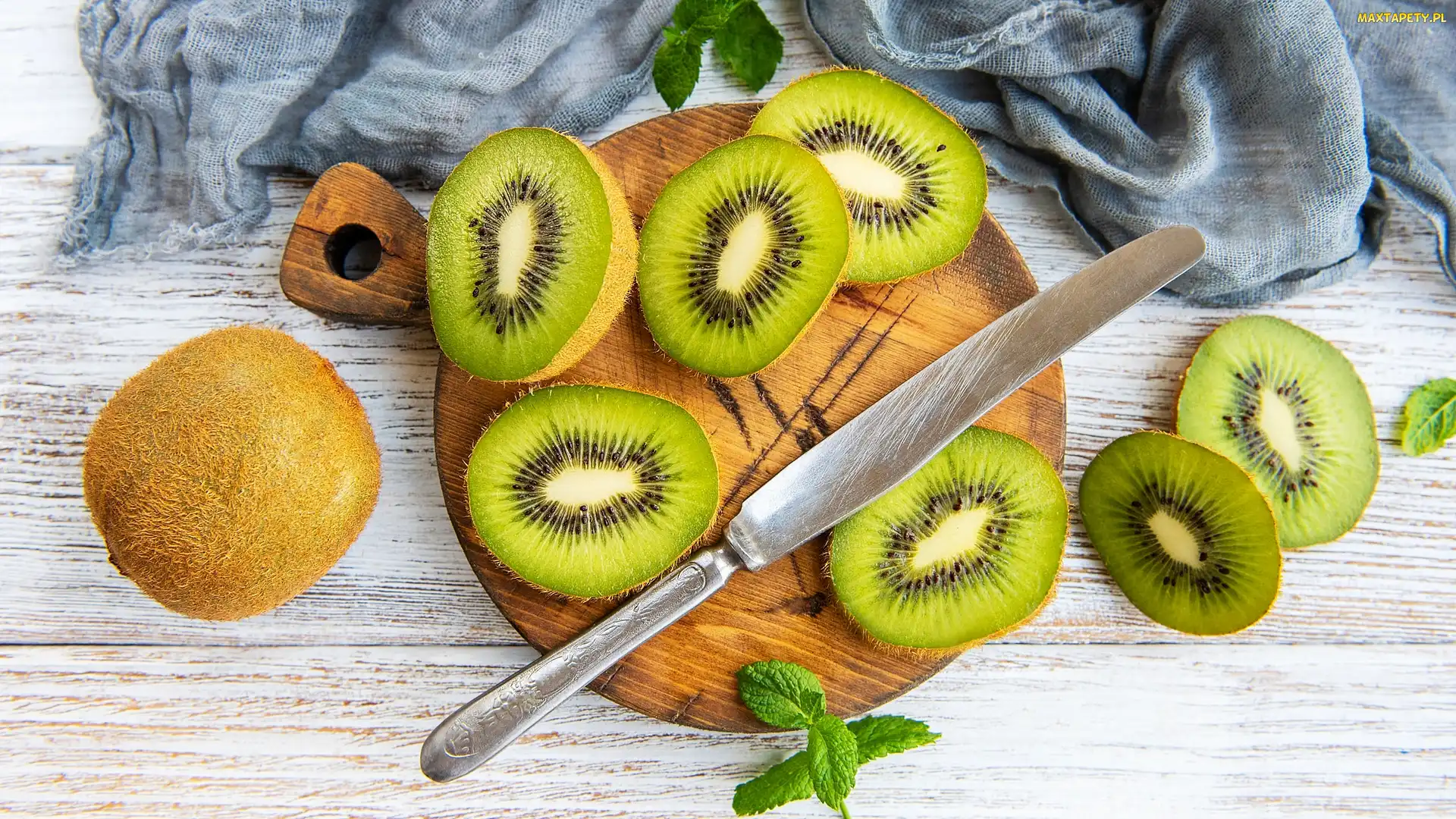 Mięta, Nóż, Kiwi, Szalik, Deska, Owoce, Plastry