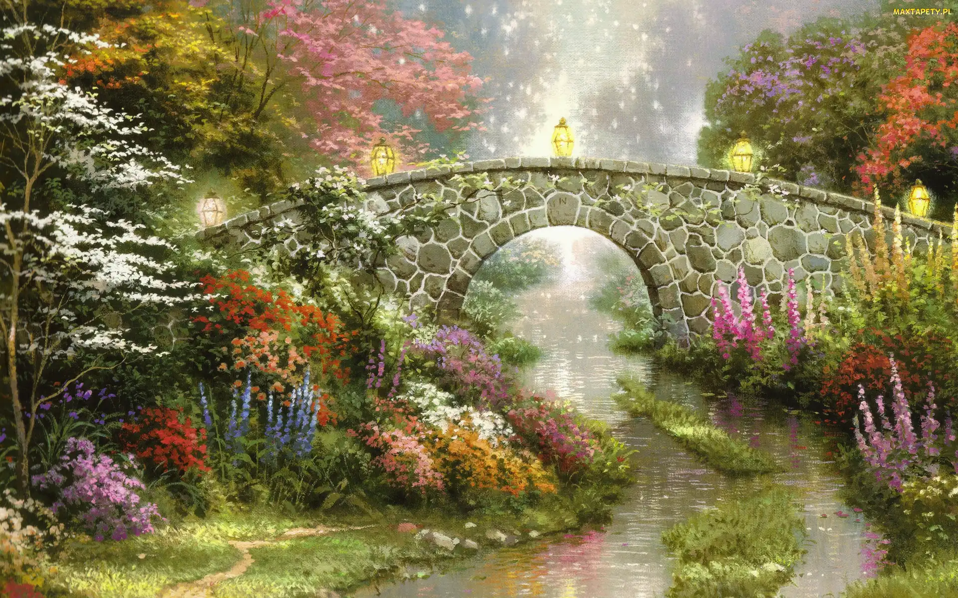 Malarstwo, Thomas Kinkade, Drzewa, Rzeka, Kwiaty, Mostek