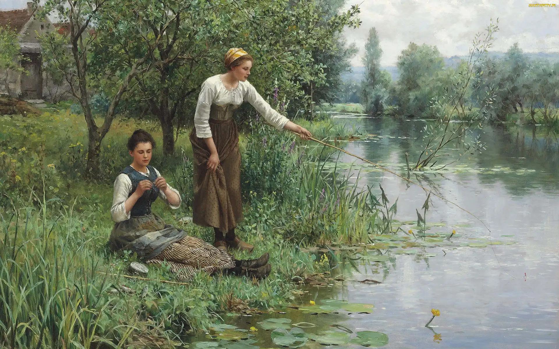 Łowienie, Rzeka, Kobiety, Daniel Ridgway Knight, Malarstwo, Wędka, Obraz, Szuwary