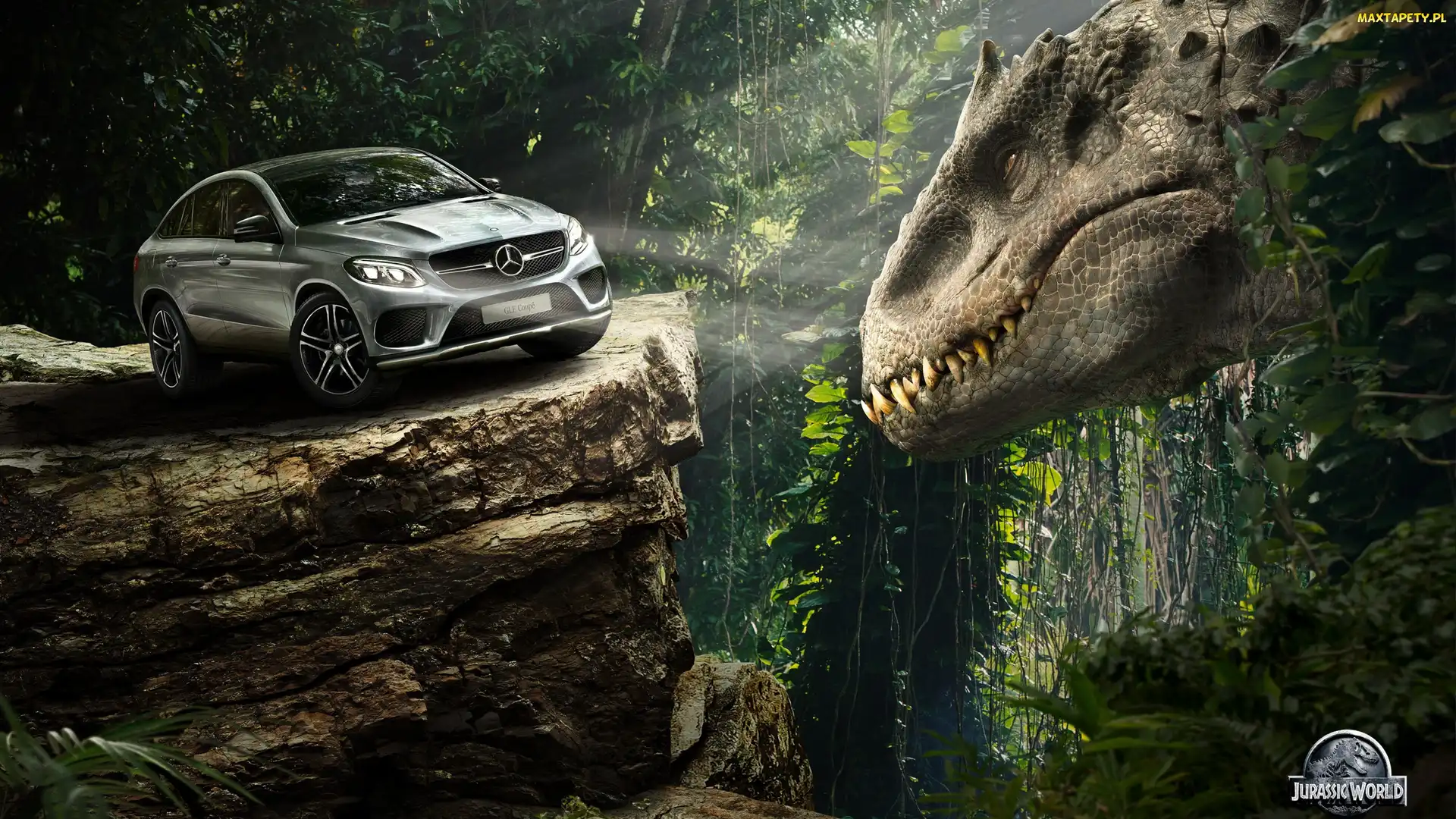 Mercedes-Benz GLE Coupe, Samochód, Jurassic World, Dżungla, Skała, Film, Dinozaur
