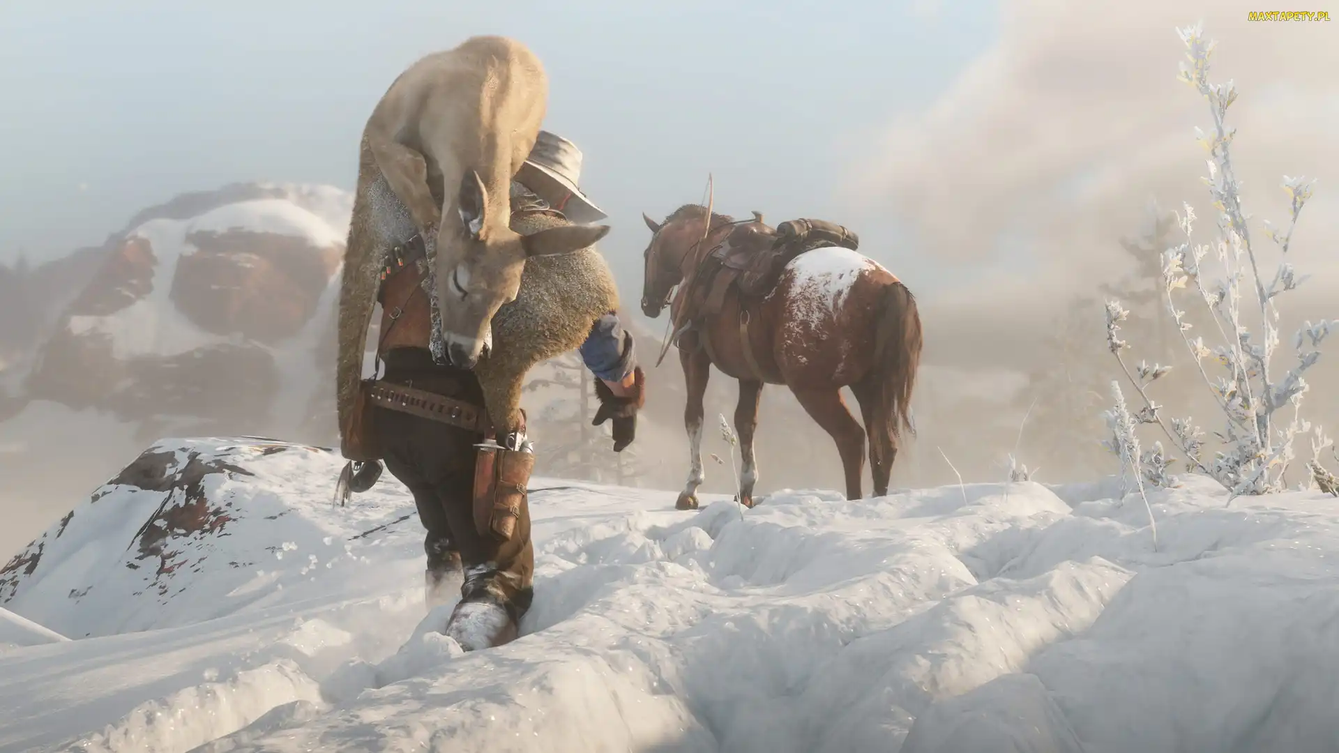Gra, Śnieg, Sarna, Zima, Myśliwy, Koń, Red Dead Redemption 2, Mężczyzna, Artur Morgan