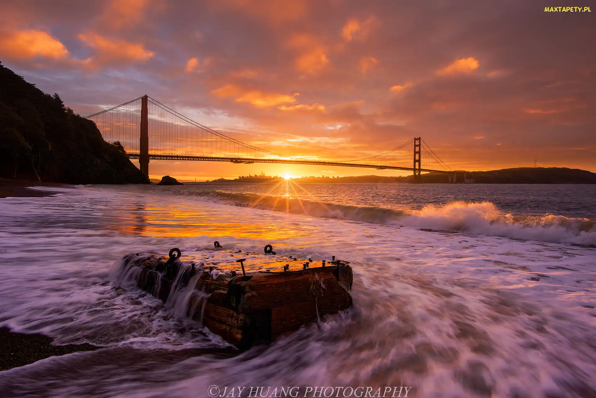 Chmury, Zachód słońca, Stan Kalifornia, Stany Zjednoczone, Most Golden Gate Bridge, Cieśnina Golden Gate