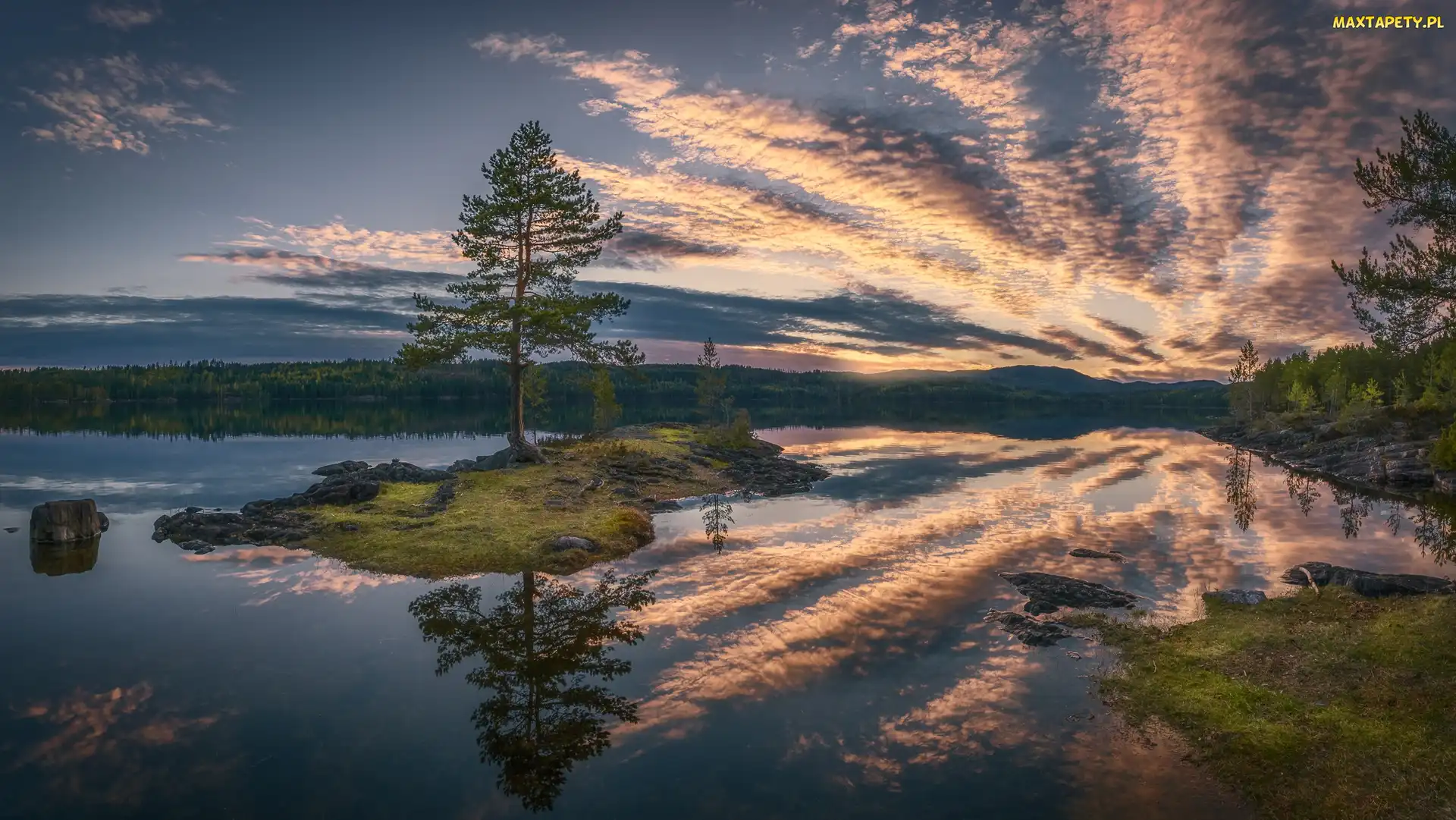 Norwegia, Ringrike, Odbicie, Jezioro, Drzewa, Chmury