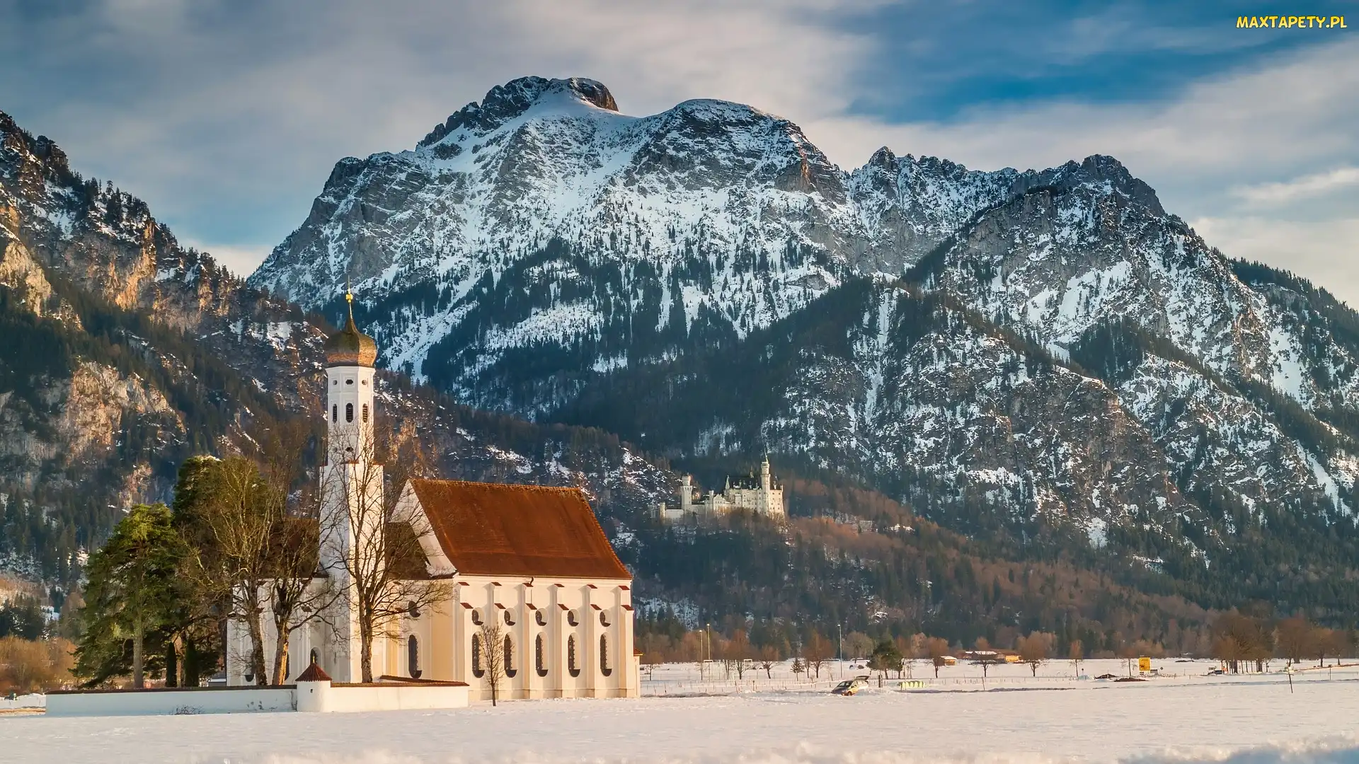 Bawaria, Region Allgau, Alpy, Niemcy, Zima, Góry, Kościół Eglise Saint Coloman