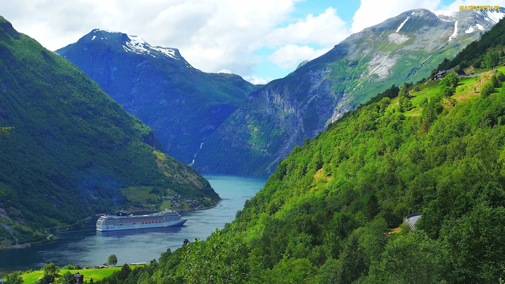 Statek, Góry, Norwegia, Lasy, Fiord Geirangerfjorden, Zbocza