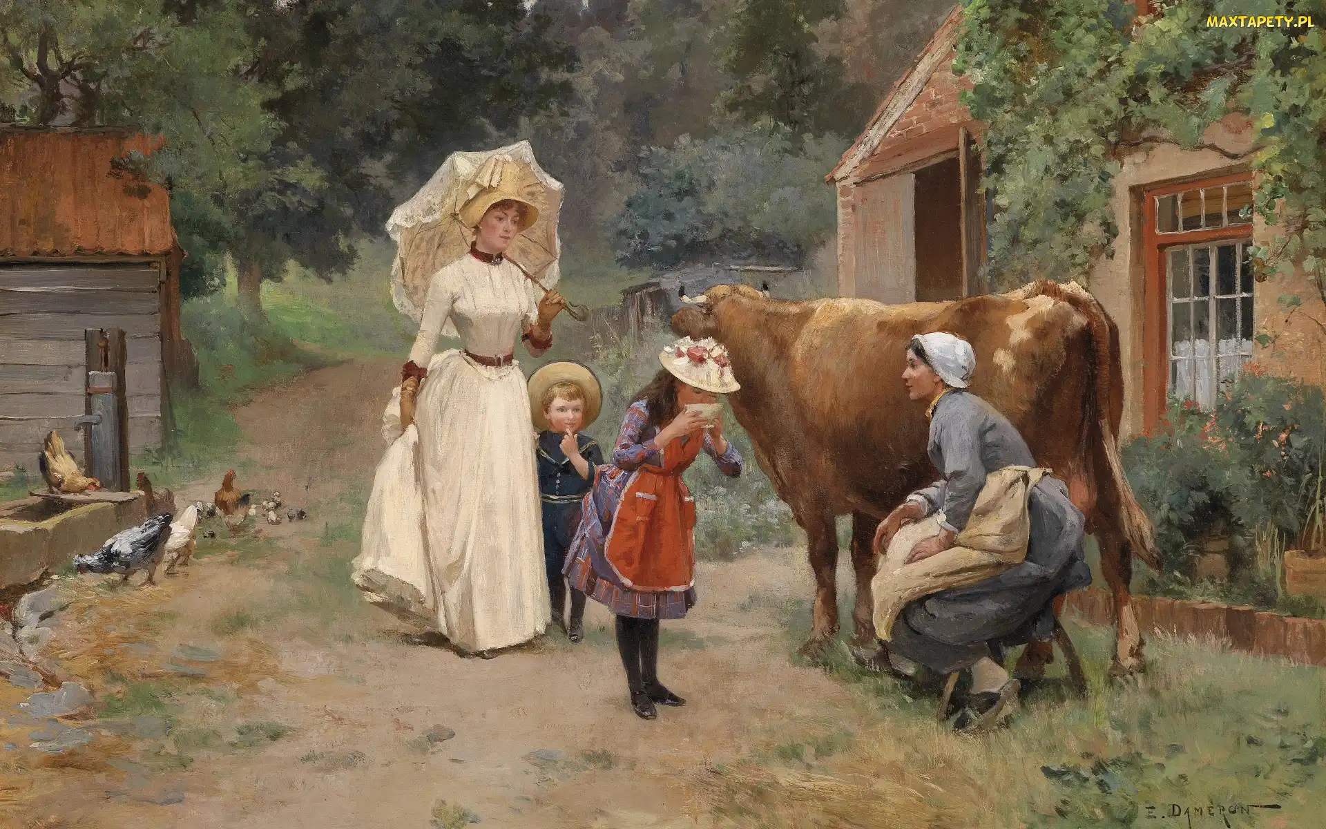 Gospodarstwo, Dzieci, Kobiety, Krowa, Emile Charles Dameron, Obraz, Wioska, Domy, Malarstwo, Droga