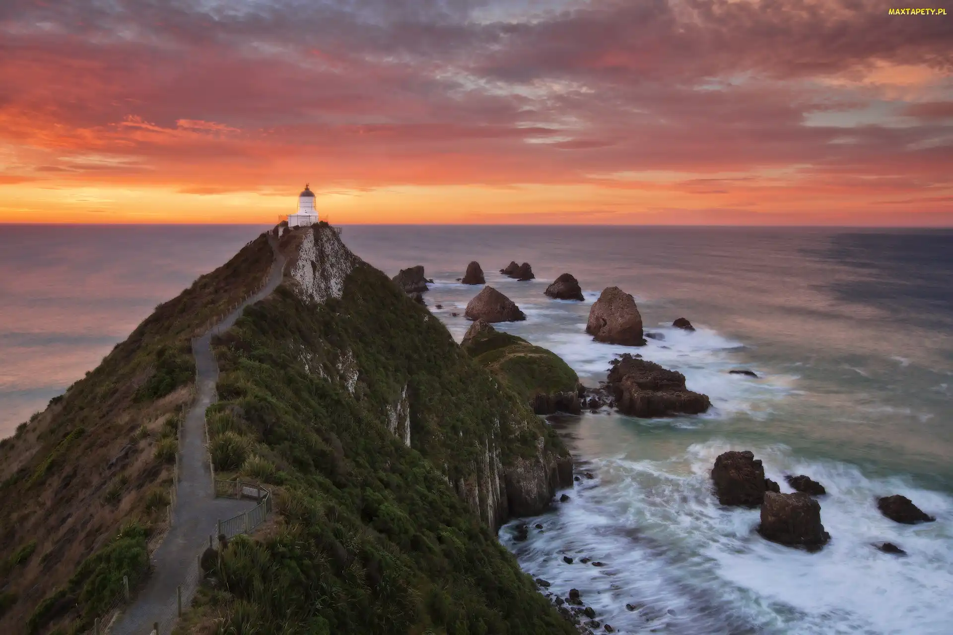 Droga, Ocean Spokojny, Wzgórze, Morze, Region Otago, Latarnia morska Nugget Point, Nowa Zelandia, Skały