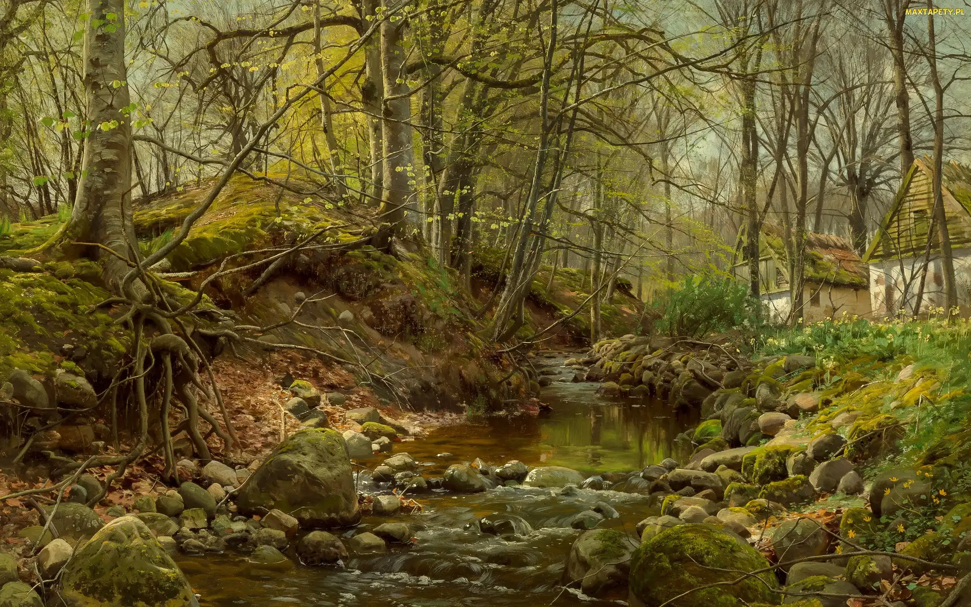 Peder Mork Monsted, Malarstwo, Domy, Drzewa, Rzeka, Kamienie, Las