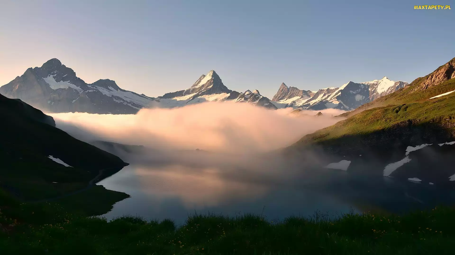 Szwajcaria, Kanton Berno, Mgła, Góry, Jezioro Bachalpsee, Grindelwald