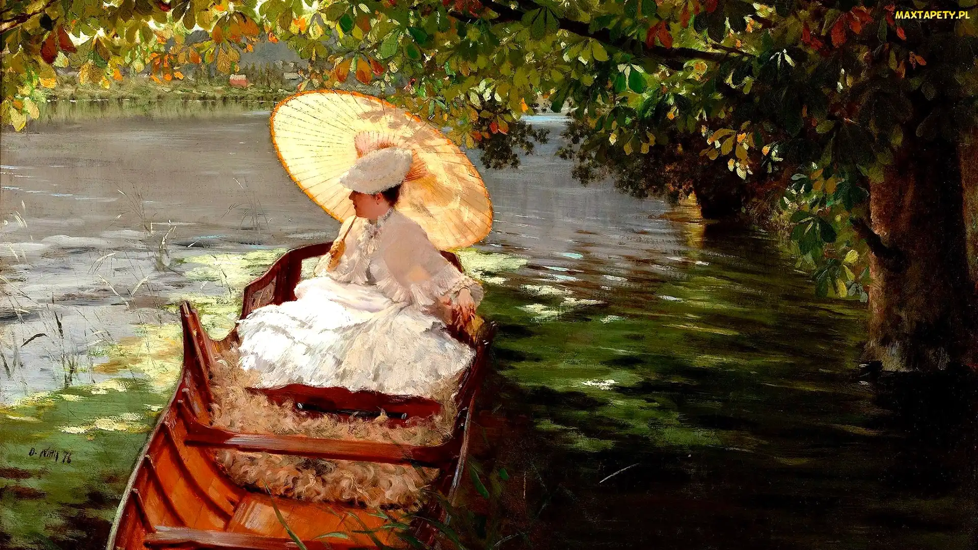 Giuseppe de Nittis, Malarstwo, Łódka, Parasol, Jezioro, Drzewo, Kobieta