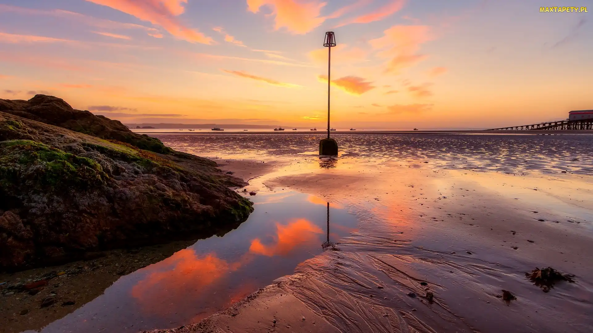 Hrabstwo Pembrokeshire, Tenby, Skała, Walia, Zatoka Carmarthen, Plaża, Wschód słońca