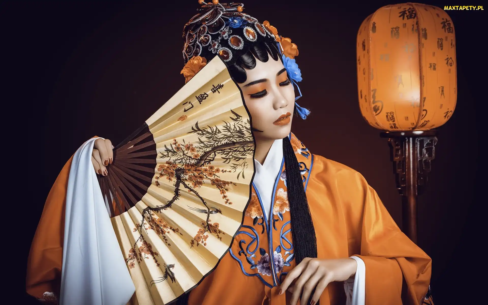 Wachlarz, Azjatka, Kobieta, Lampa, Nakrycie, Ozdobne, Głowy, Kimono