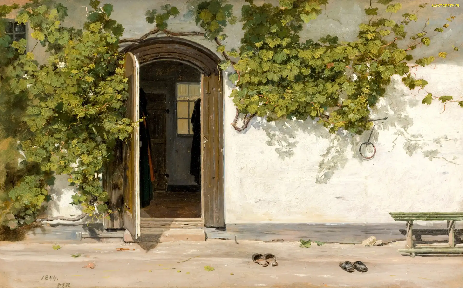 Obraz, Malarstwo, Drzwi, Martinus Rorbye, Ławka, Dom, Winorośle