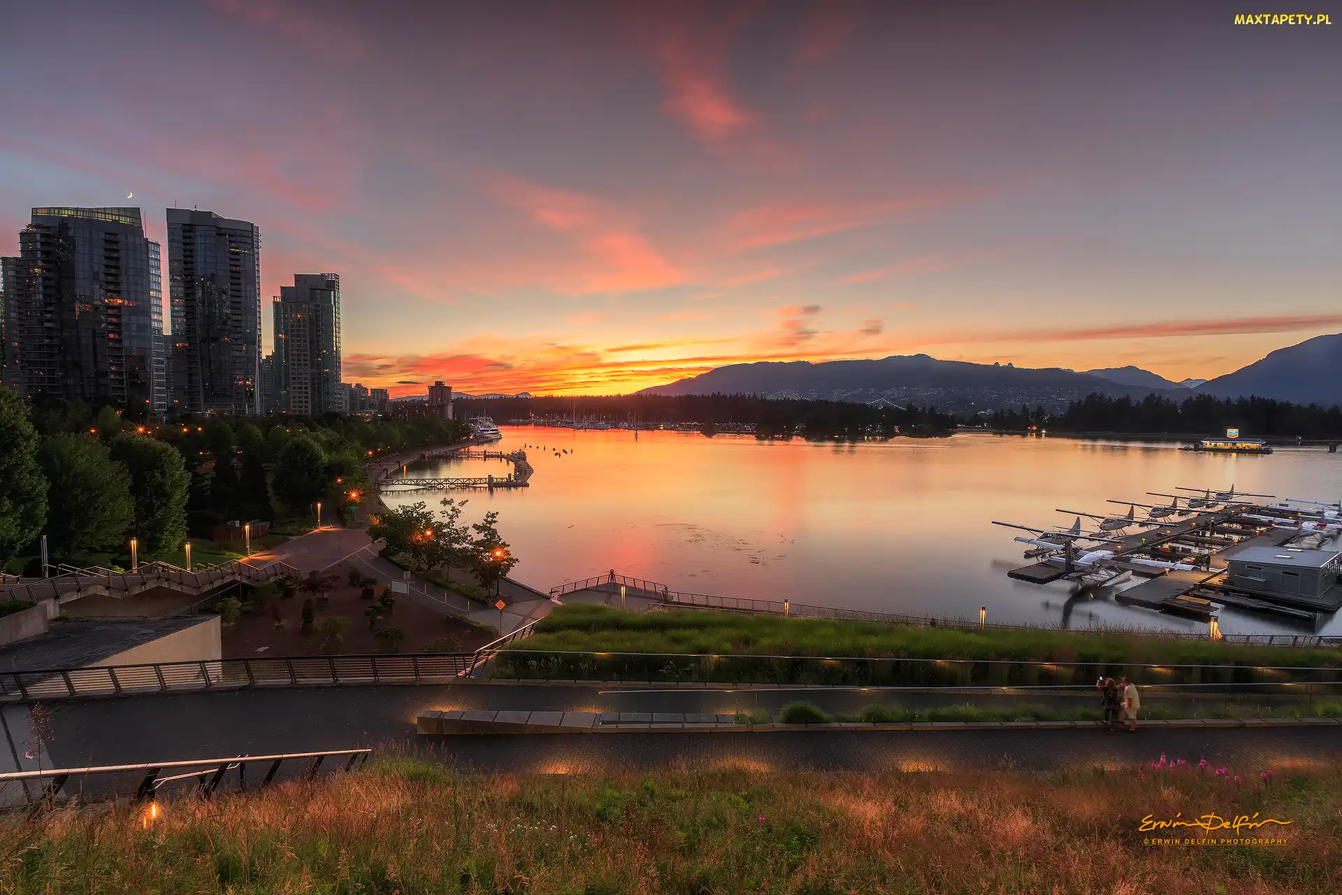 Zatoka, Przystań, Żaglówki, Wschód słońca, Coal Harbour, Kanada, Wieżowce, Vancouver, Chmury, Góry, Drzewa