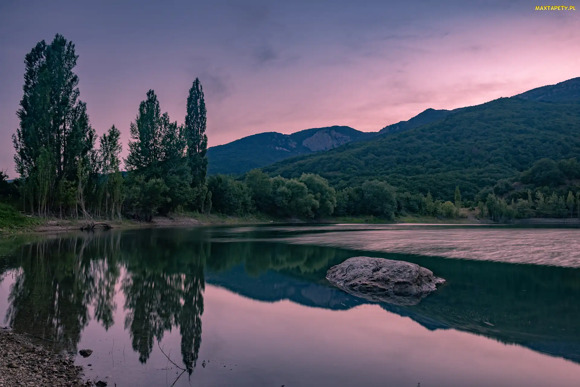Jezioro, Odbicie, Drzewa, Kamień, Góry