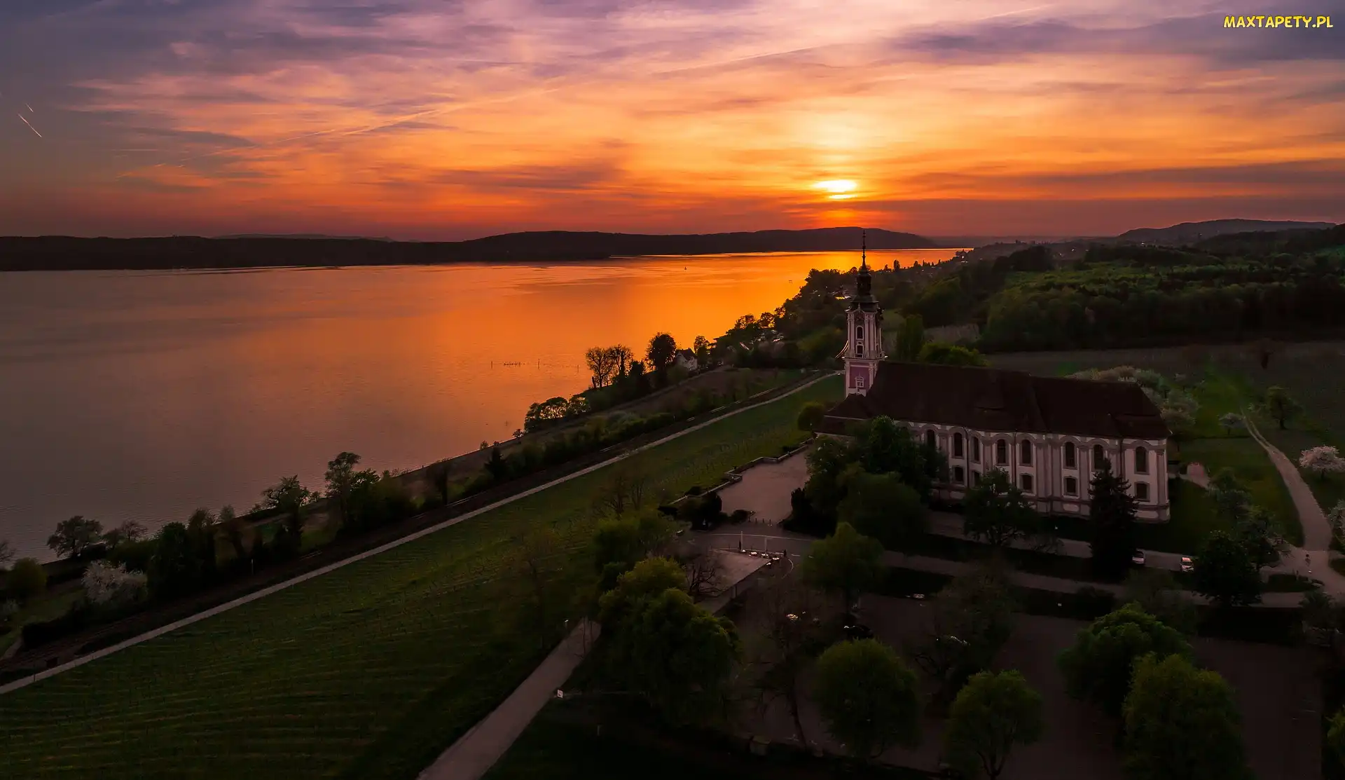 Niemcy, Uhldingen-Muhlhofen, Bazylika Birnau, Kościół, Jezioro Bodeńskie, Zachód słońca