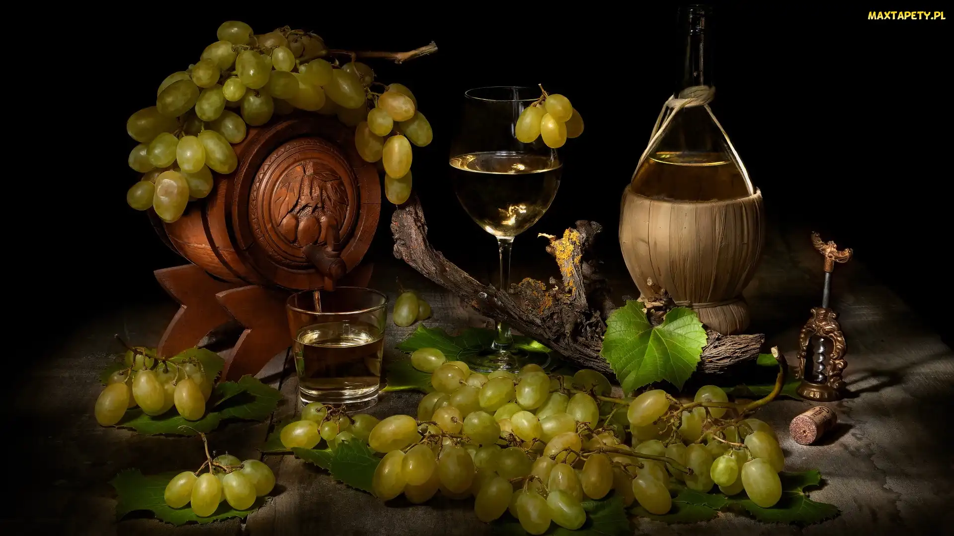 Wino, Beczułka, Szklanka, Kompozycja, Korkociąg, Butelka, Winogrona, Liście, Kieliszek