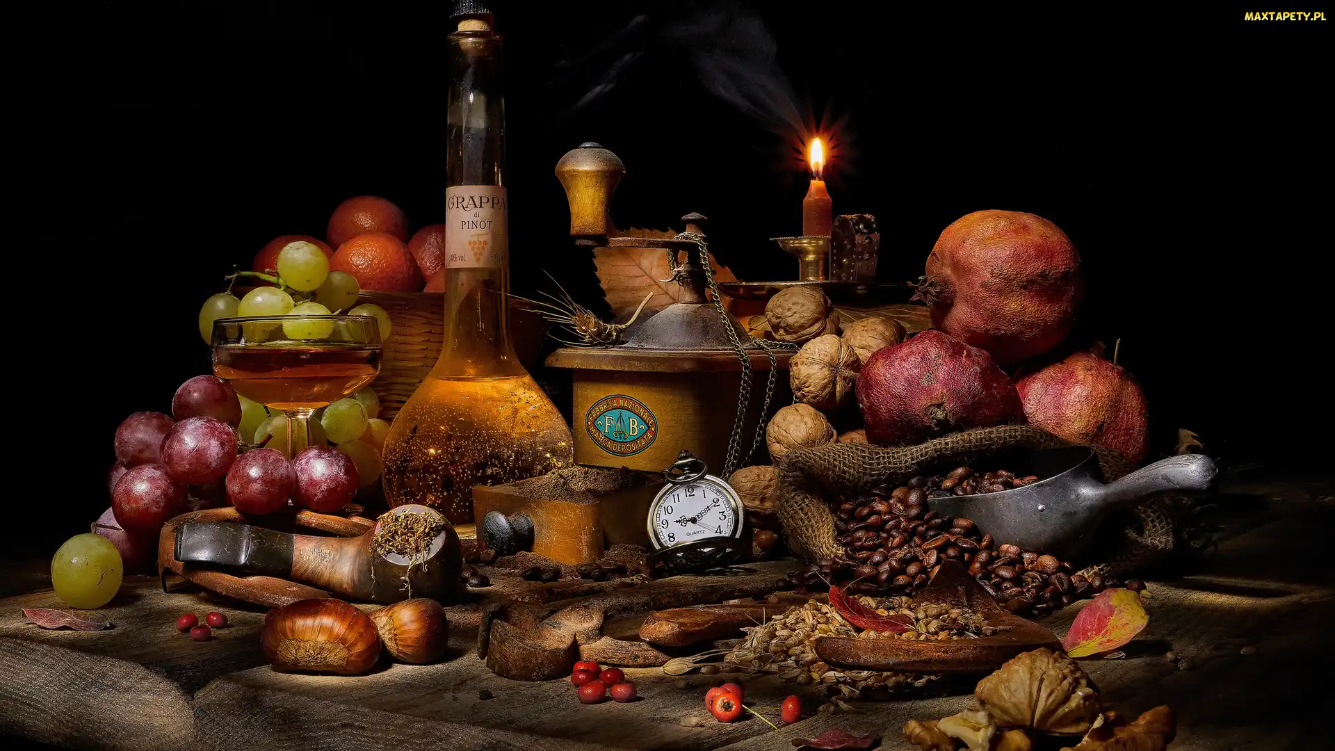 Owoce, Kompozycja, Orzechy, Kawa, Świeczka, Butelki, Zegar