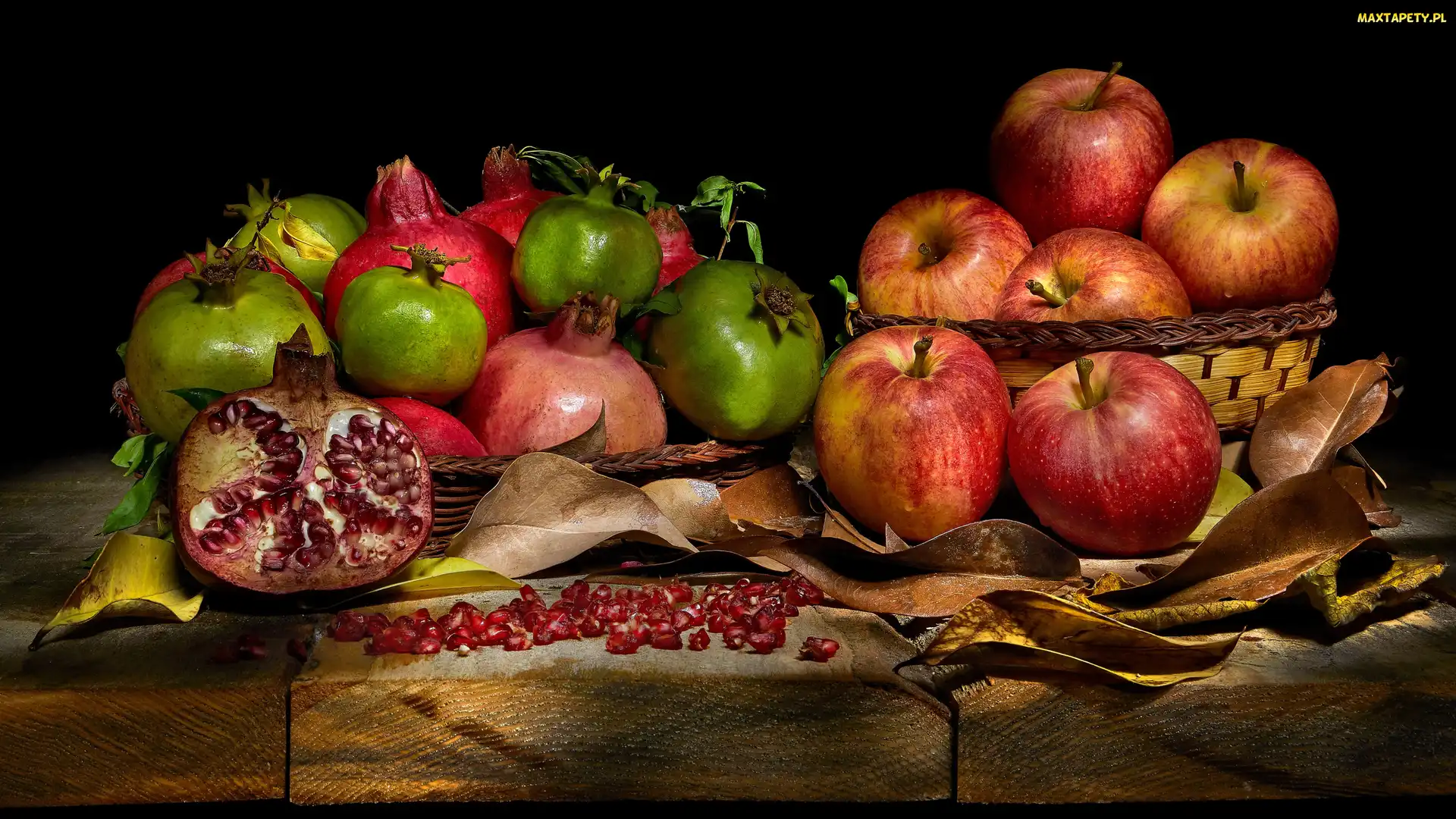 Czarne, Liście, Jabłka, Tło, Koszyczki, Owoce, Granaty
