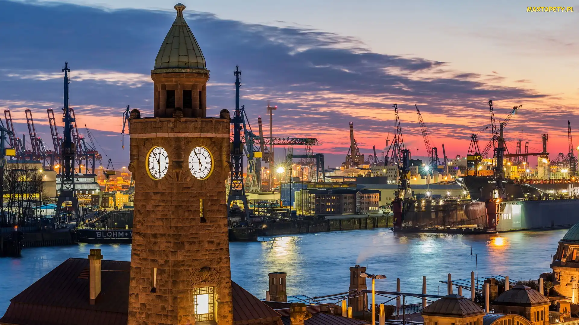 Niemcy, St. Pauli, Dzielnica, Hamburg, Wieża, Dźwigi, Zegarowa, Stacja kolejowa, Port, Landungsbrucken