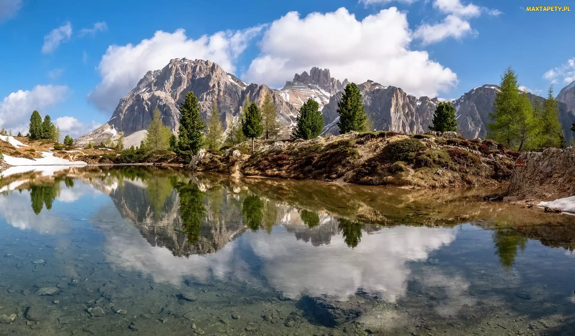 Góry, Tyrol, Chmury, Włochy, Odbicie, Drzewa, Dolomity, Jezioro, Lago Limides