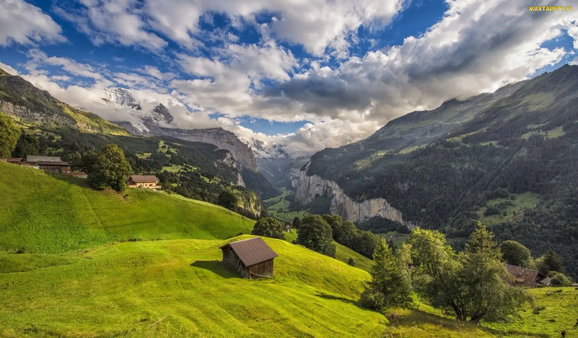 Góry, Kanton Berno, Chmury, Szwajcaria, Wengen, Domy, Alpy Berneńskie, Las, Dolina Lauterbrunnental