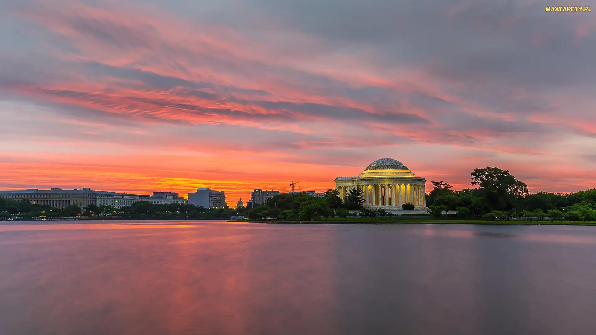Pomnik Jeffersona, Jezioro, Panteon, Wschód słońca, Waszyngton, Jefferson Memorial, Stany Zjednoczone, Zbiornik Tidal Basin