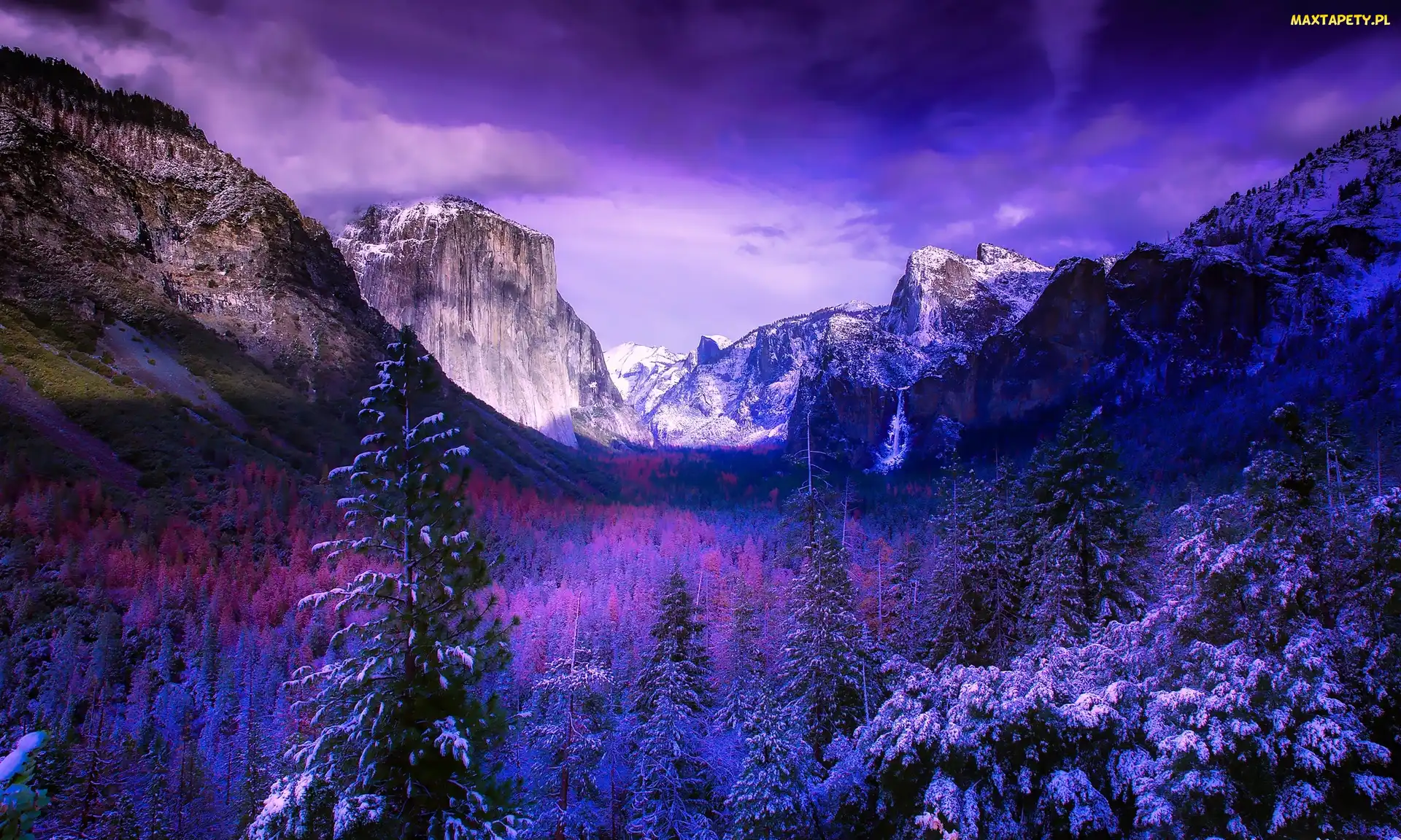 Dolina Yosemite Valley, Chmury, Park Narodowy Yosemite, Zima, Stany Zjednoczone, Las, Świerki, Stan Kalifornia, Góry