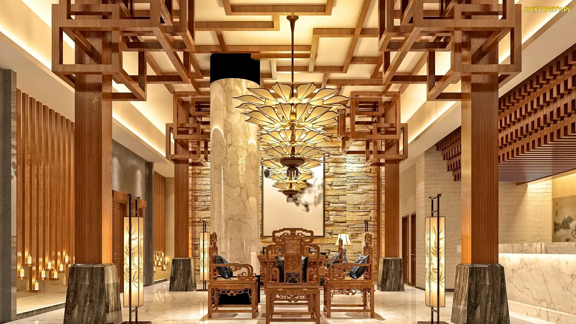 Meble, Hol, Wnętrze, Design, Filary, Drewniane, Żyrandole, Lobby