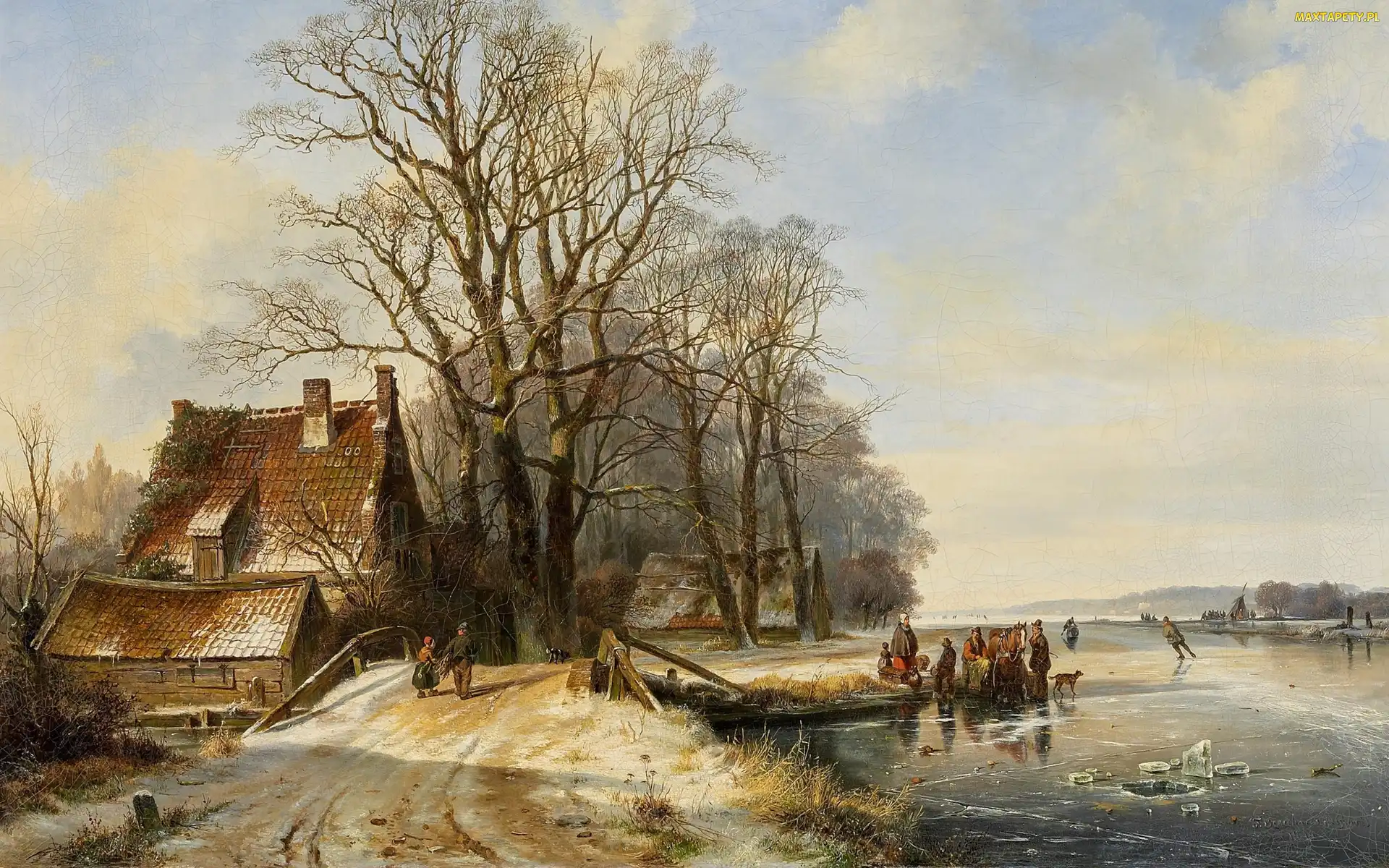 Łyżwiarze, Drzewa, Staw, Ludzie, Frans Arnold Breuhaus de Groot, Obraz, Zima, Domy, Malarstwo, Wieś