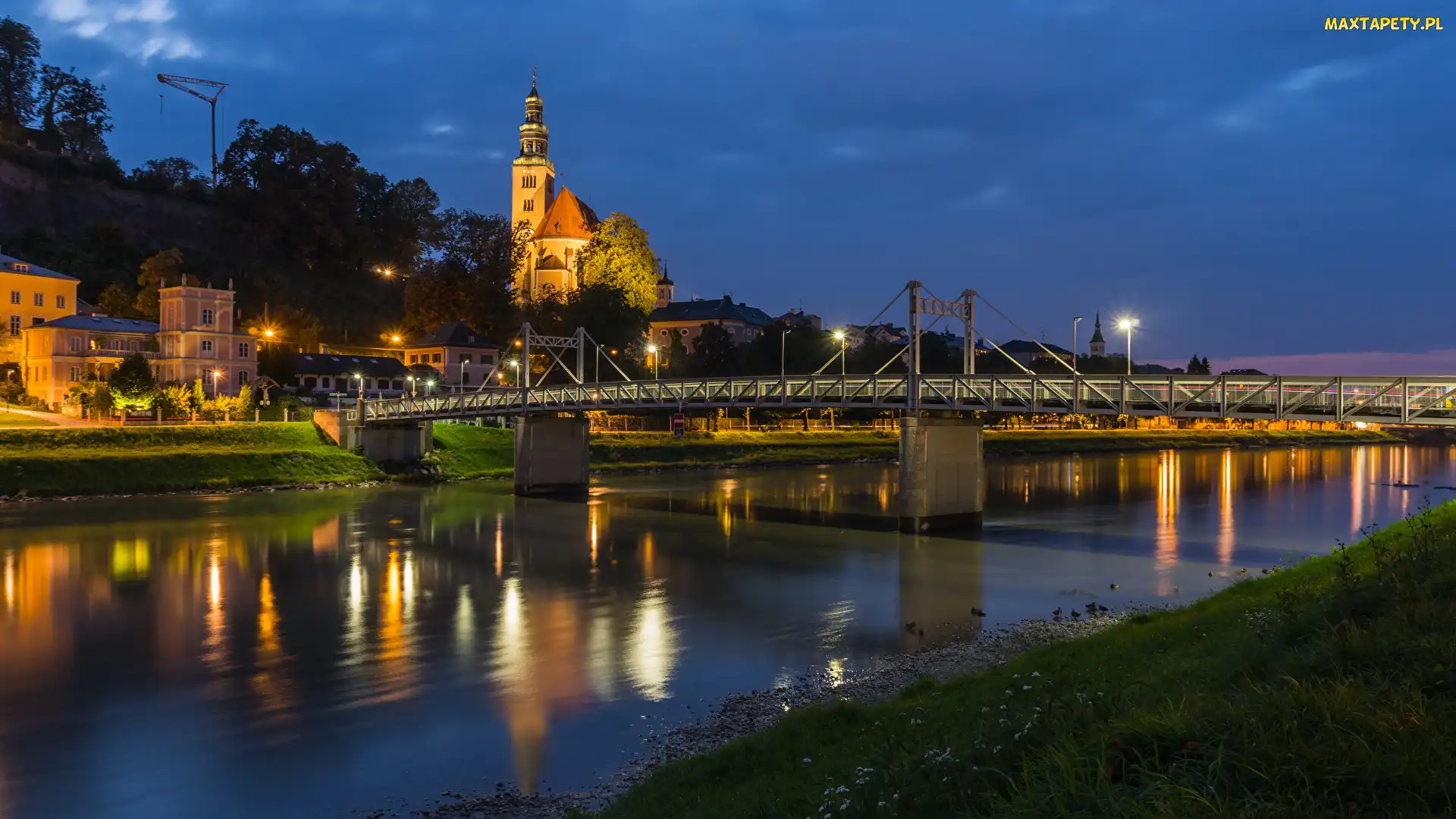 Salzburg, Rzeka Salzach, Austria, Kościół, Roślinność, Domy, Wieczór, Most