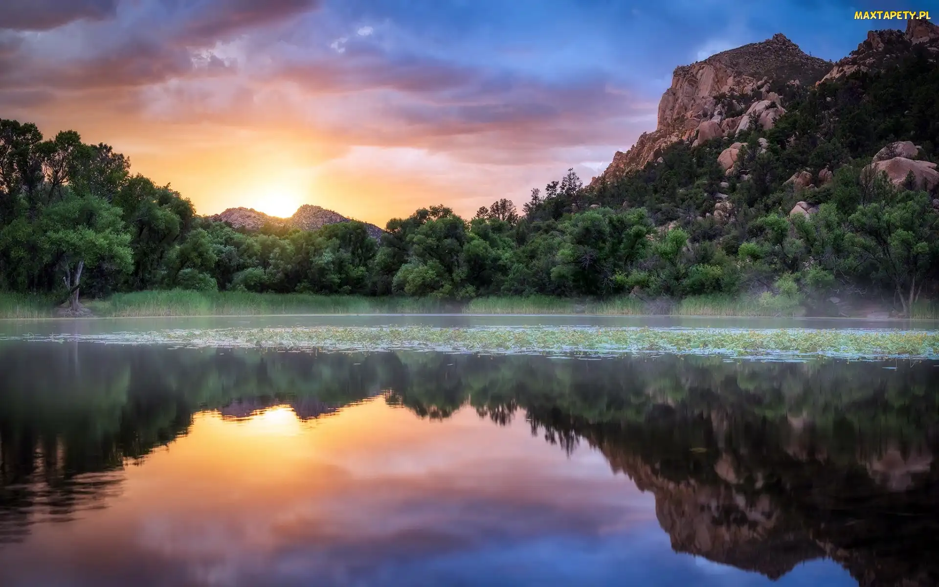 Stany Zjednoczone, Prescott National Forest, Las, Arizona, Jezioro, Góry, Zbiornik, Granite Basin Lake, Zachód słońca, Drzewa