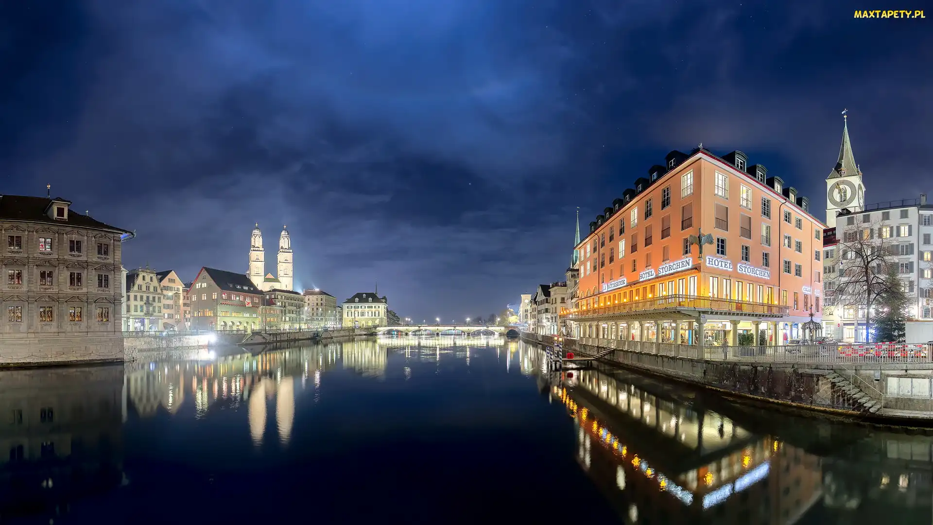 Noc, Budynki, Zurich, Szwajcaria, Oświetlone, Rzeka Limmat, Most